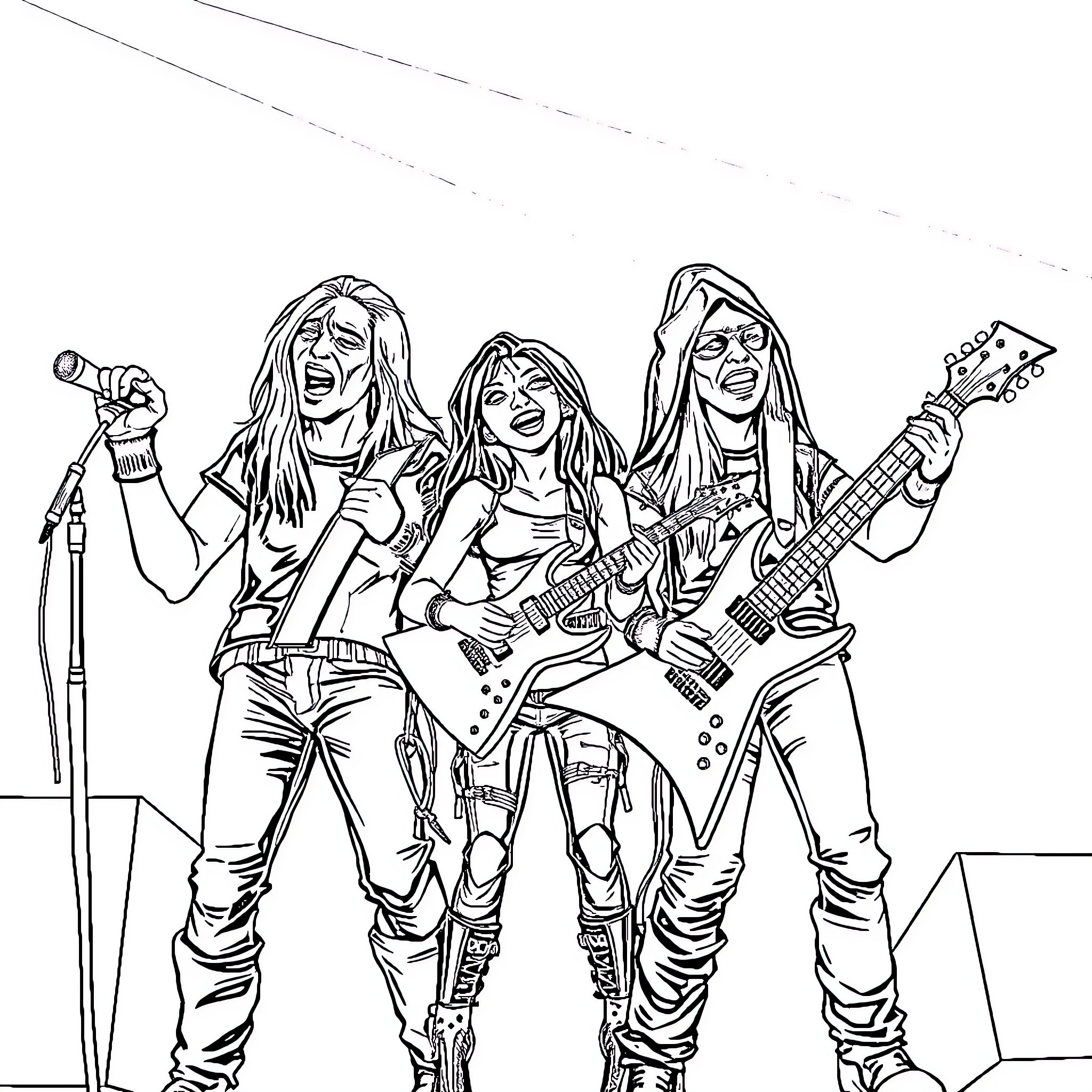 Metal Family Performing on Stage Coloring Page (free black-and-white line drawing printable PDF for all, from beginners to advanced learners, including children, teens, adults, and seniors)