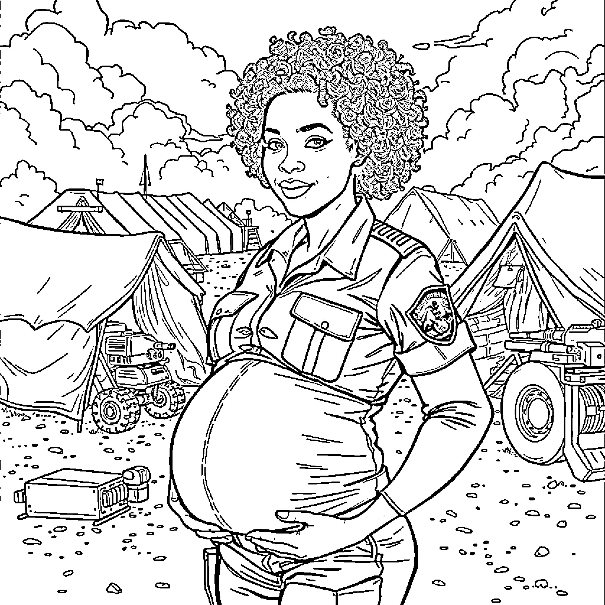 Human Resource Specialist Assisting at Outdoor Construction Site Coloring Page (free black-and-white line drawing printable PDF for all, from beginners to advanced learners, including children, teens, adults, and seniors)