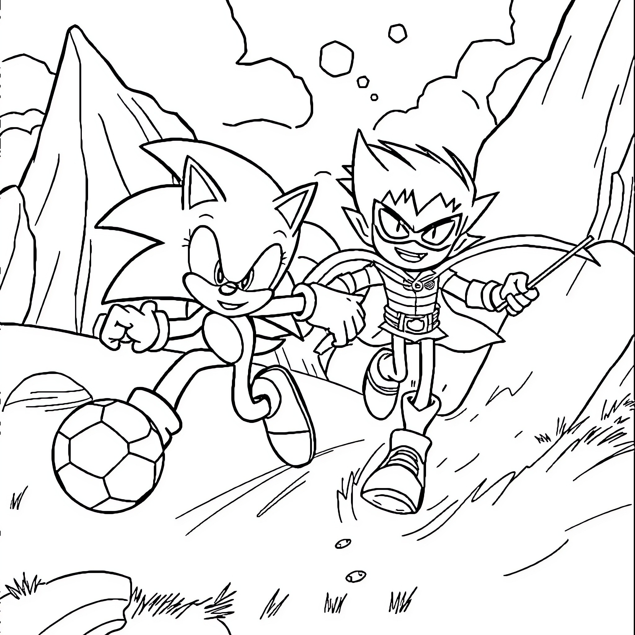 Sonic and Knuckles playing with a soccer ball in the wild Coloring Page (free black-and-white line drawing printable PDF for all, from beginners to advanced learners, including children, teens, adults, and seniors)