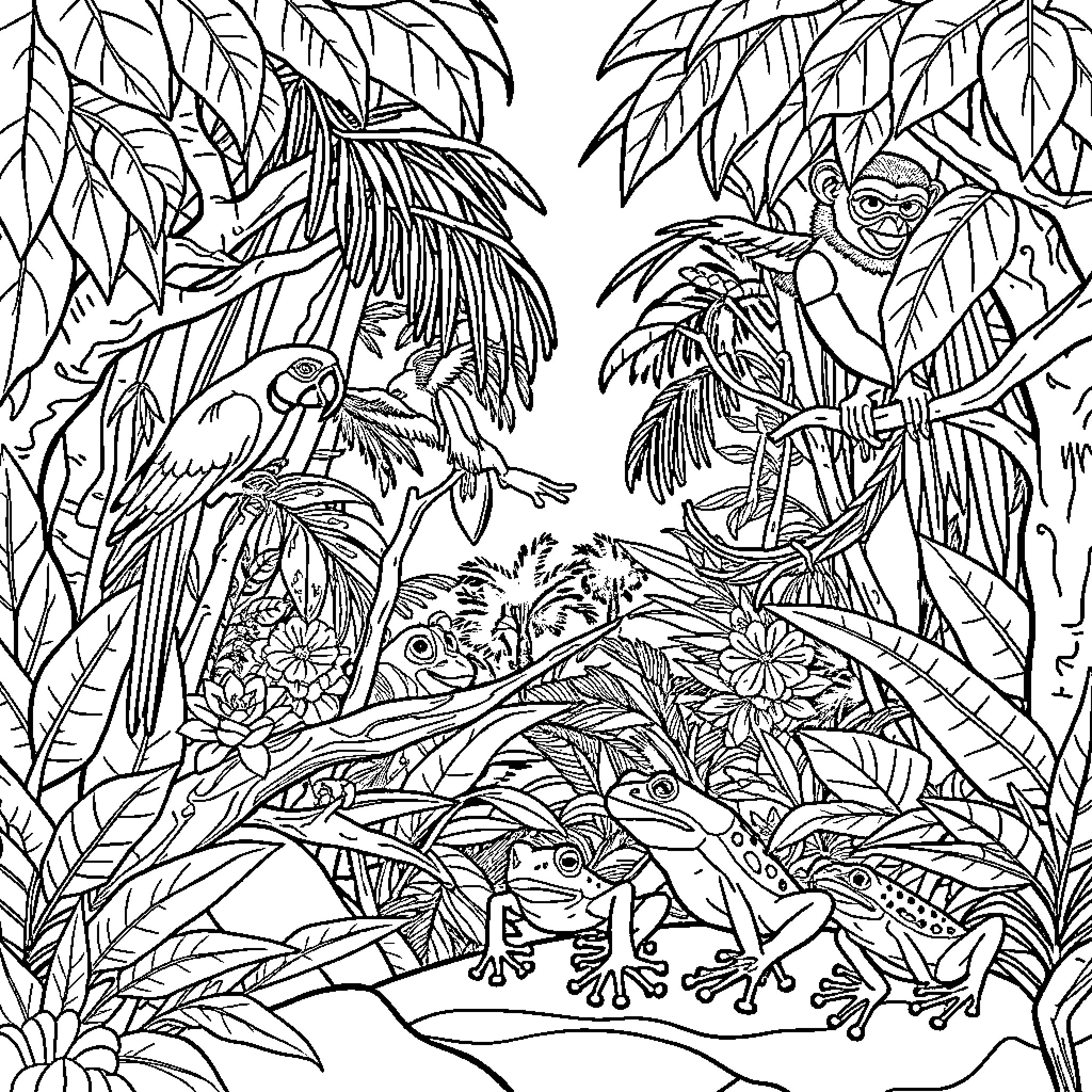 Animal jungle landscape with diverse wildlife Coloring Page (free black-and-white line drawing printable PDF for all, from beginners to advanced learners, including children, teens, adults, and seniors)