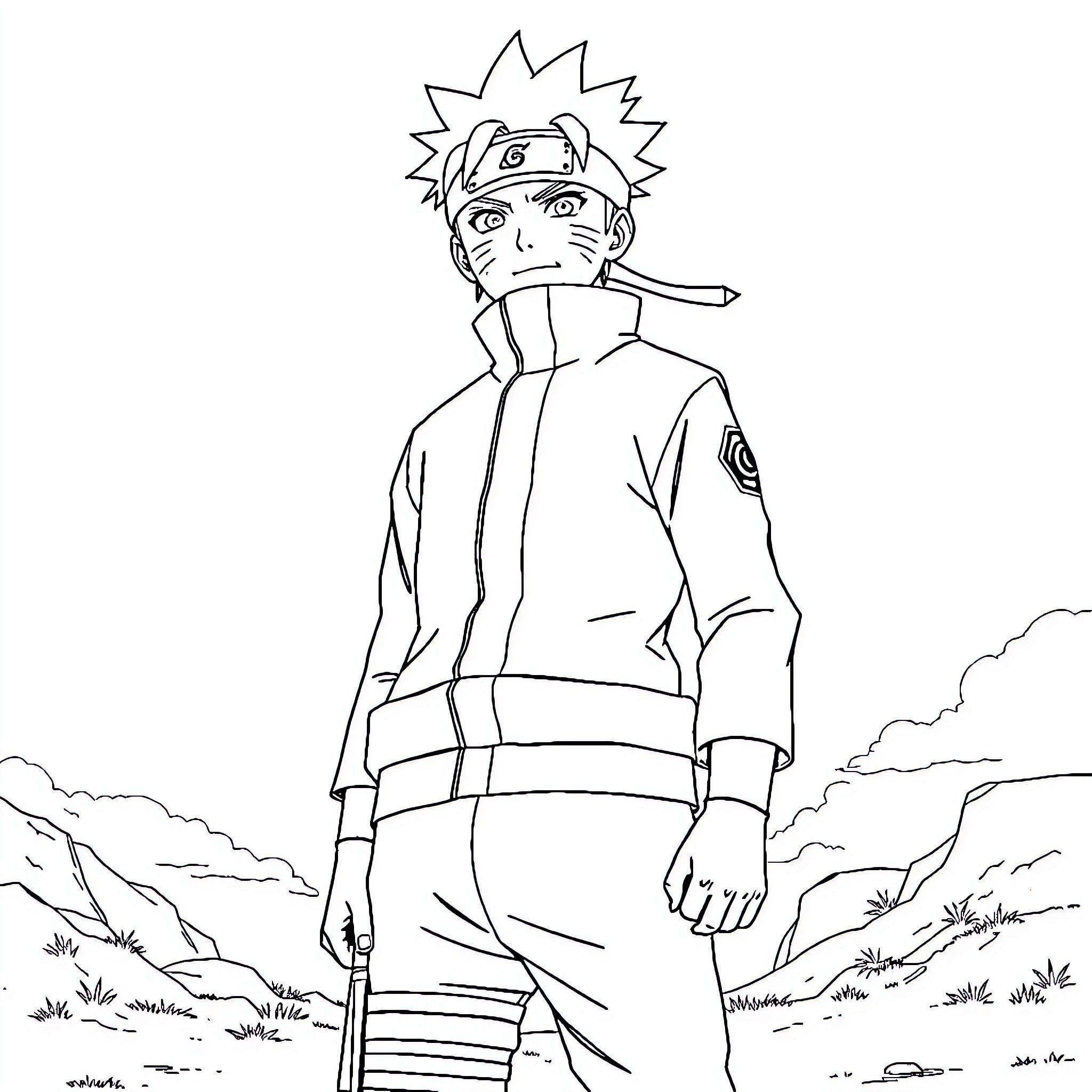 Naruto character in confident pose Coloring Page (free black-and-white line drawing printable PDF for all, from beginners to advanced learners, including children, teens, adults, and seniors)