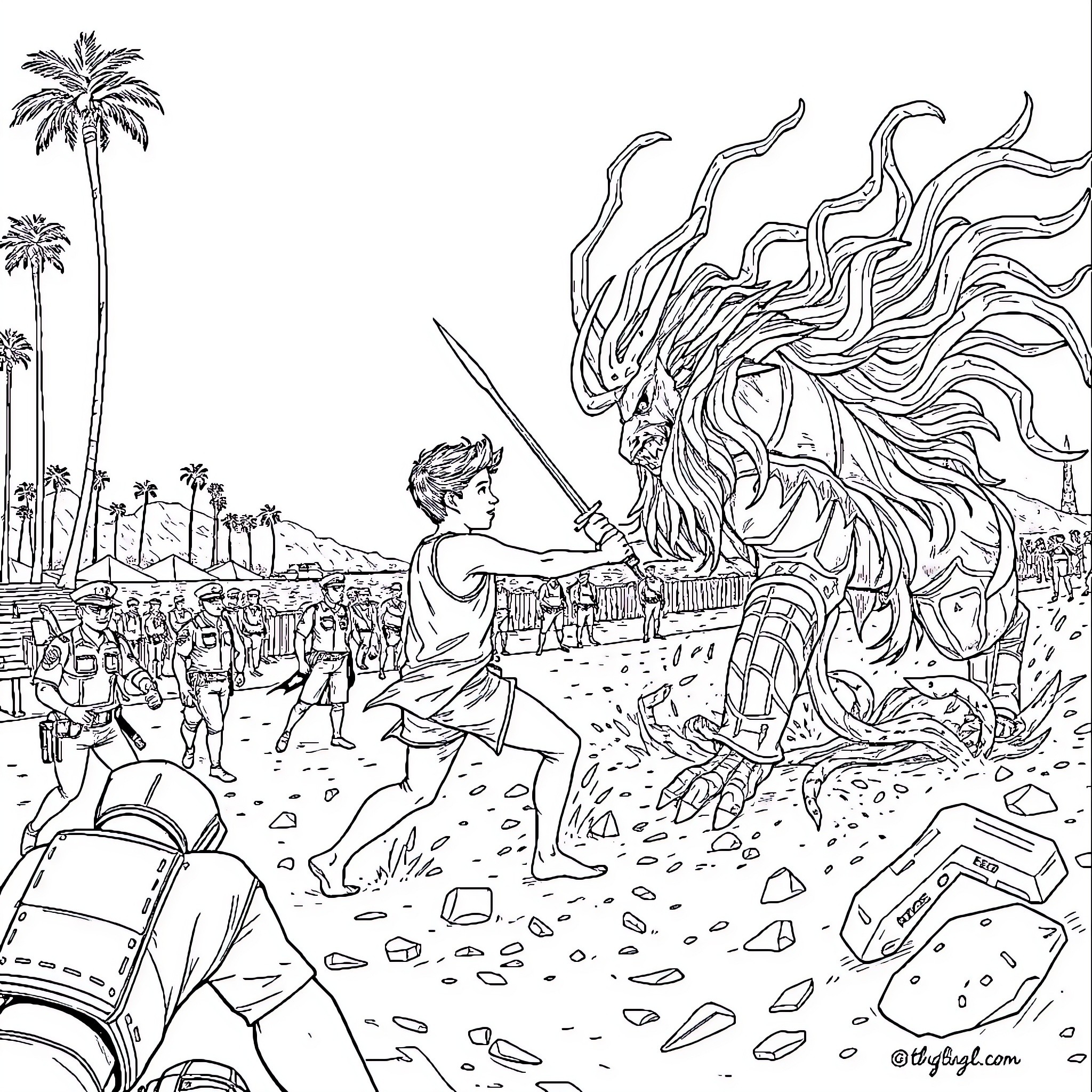 Percy Jackson battles a mythical beast on a sandy beach Coloring Page (free black-and-white line drawing printable PDF for all, from beginners to advanced learners, including children, teens, adults, and seniors)