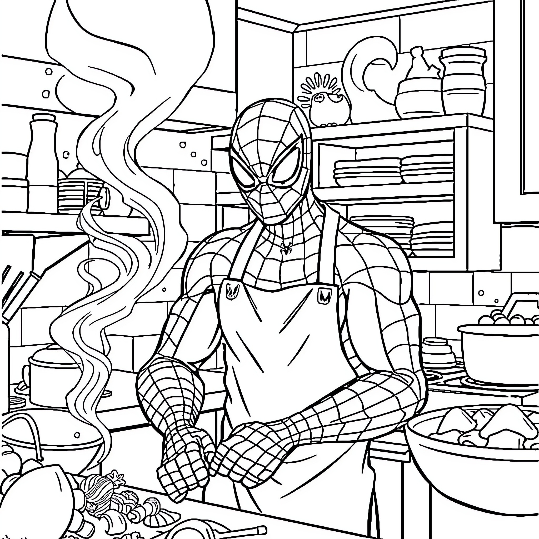 Spider-Man investigates a mysterious scene in the laboratory Coloring Page (free black-and-white line drawing printable PDF for all, from beginners to advanced learners, including children, teens, adults, and seniors)