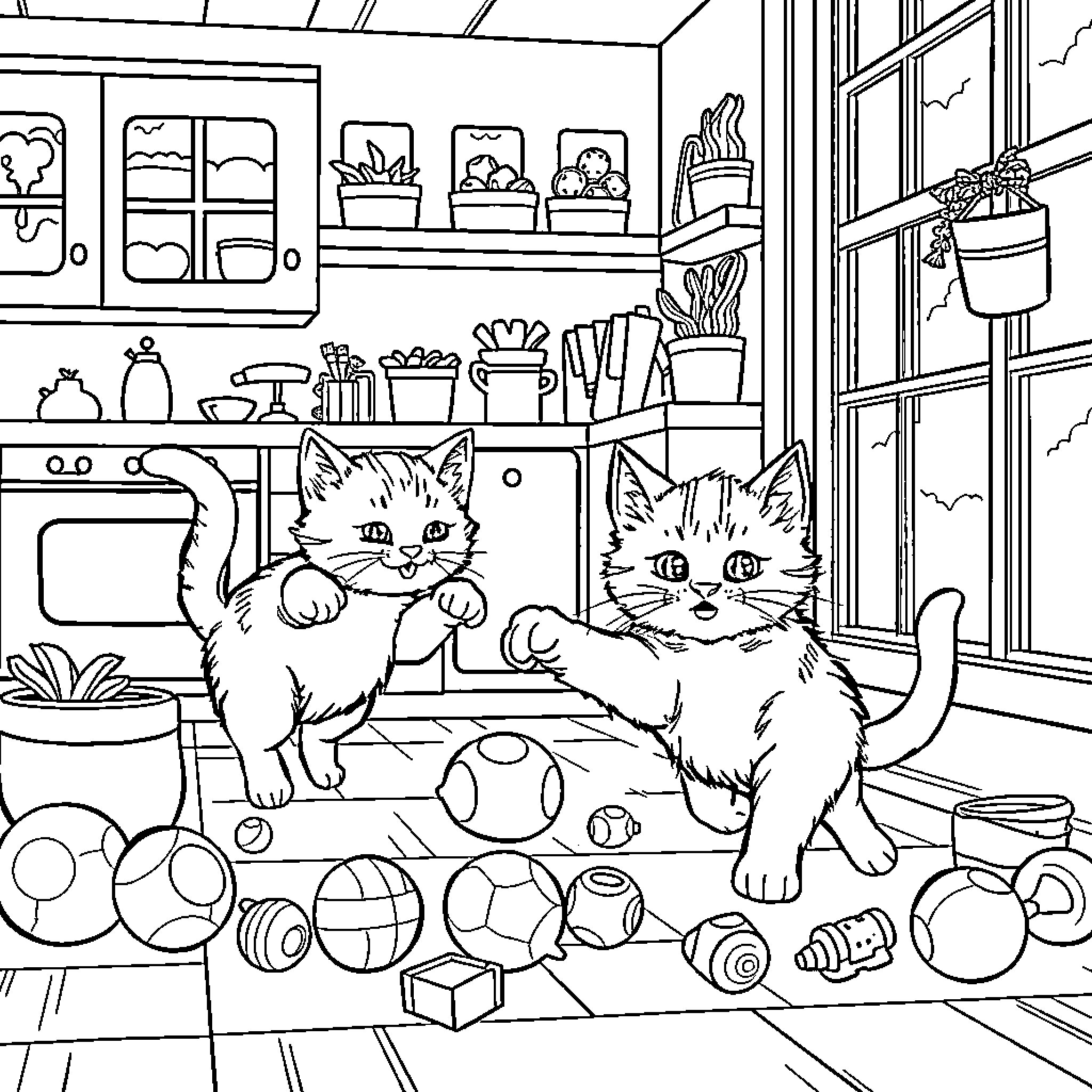 Cat Kittens Playing Joyfully in Kitchen Coloring Page (free black-and-white line drawing printable PDF for all, from beginners to advanced learners, including children, teens, adults, and seniors)