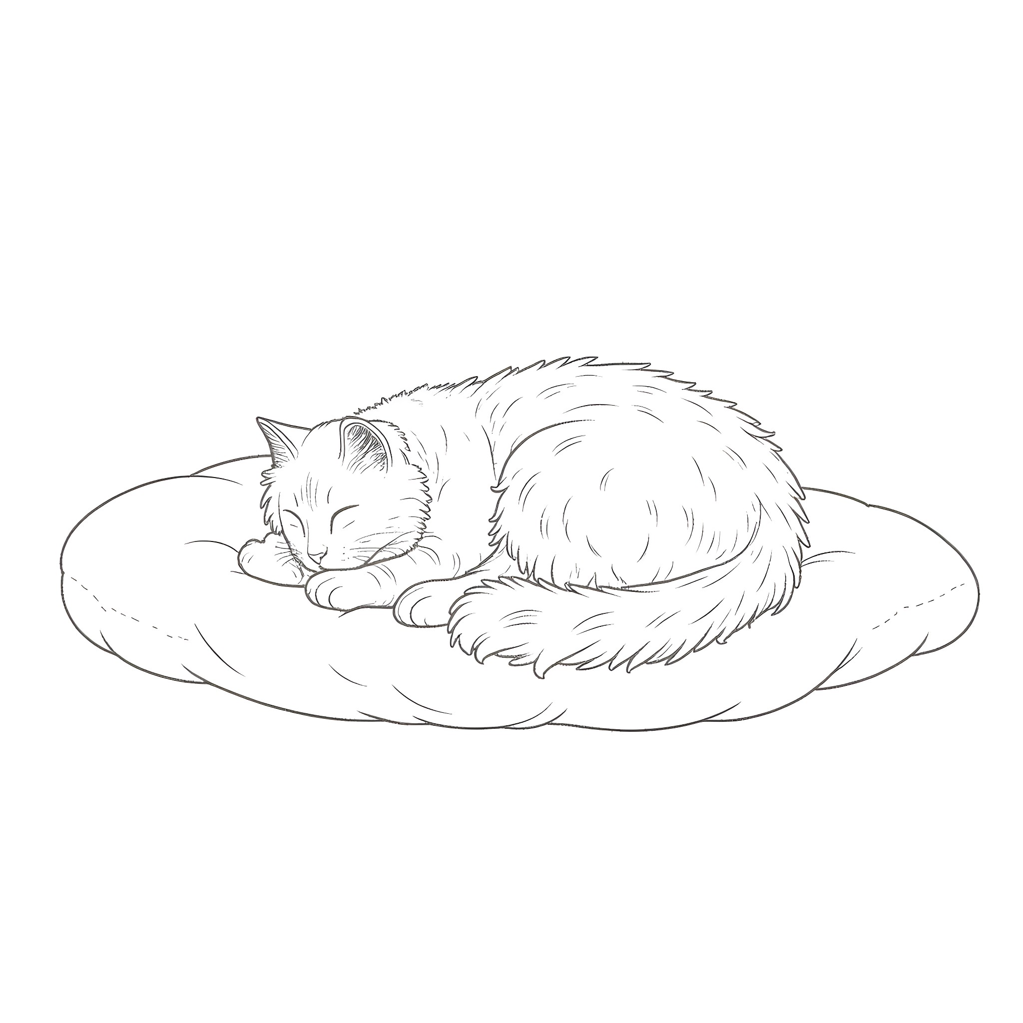 Cat sleeping peacefully on a soft cushion Coloring Page (free black-and-white line drawing printable PDF for all, from beginners to advanced learners, including children, teens, adults, and seniors)