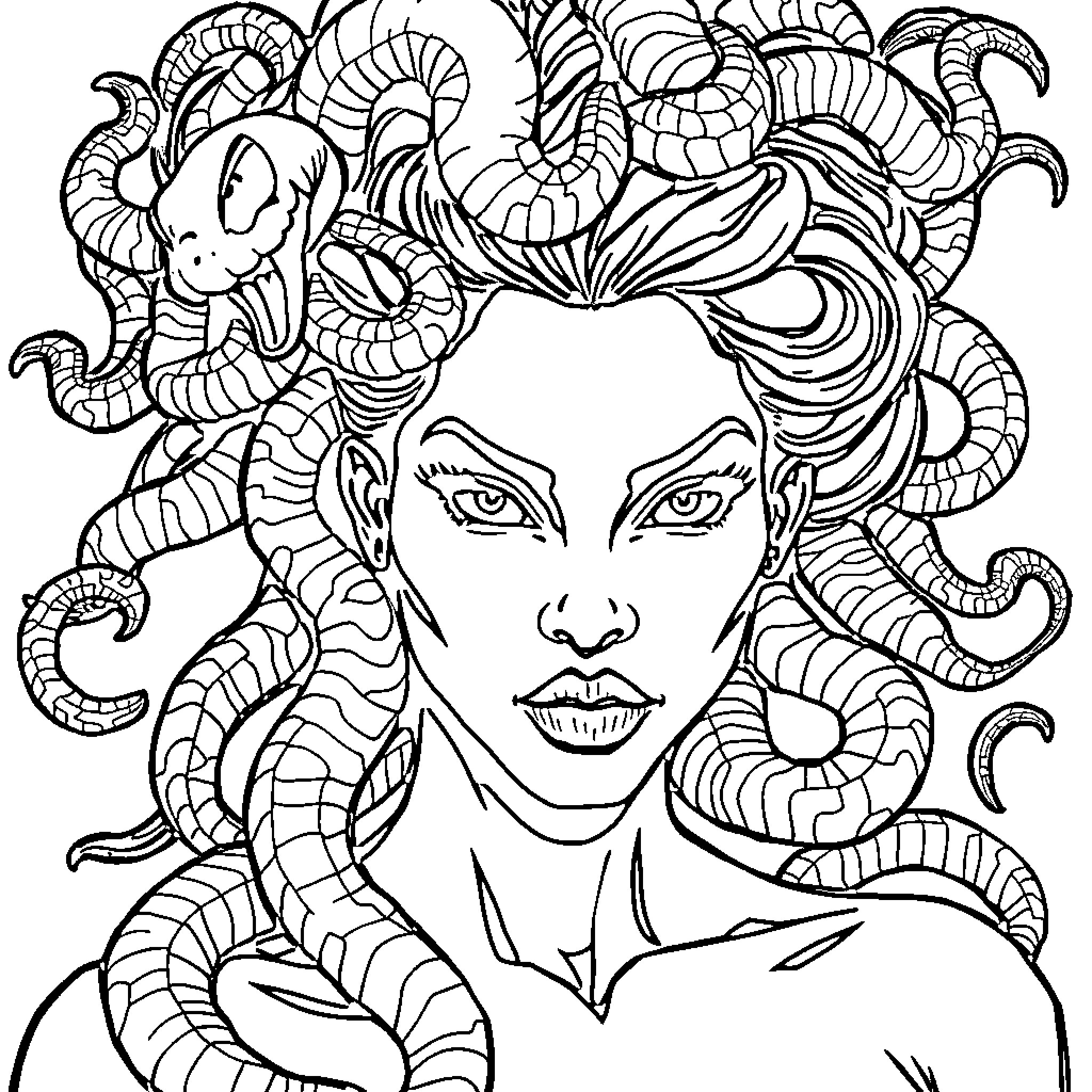 Medusa's Mythical Visage Coloring Page (free black-and-white line drawing printable PDF for all, from beginners to advanced learners, including children, teens, adults, and seniors)