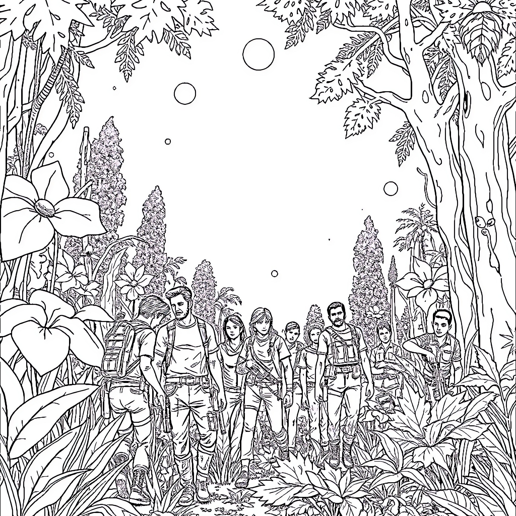 Last Of Us Survivors in Lush Wilderness Coloring Page (free black-and-white line drawing printable PDF for all, from beginners to advanced learners, including children, teens, adults, and seniors)