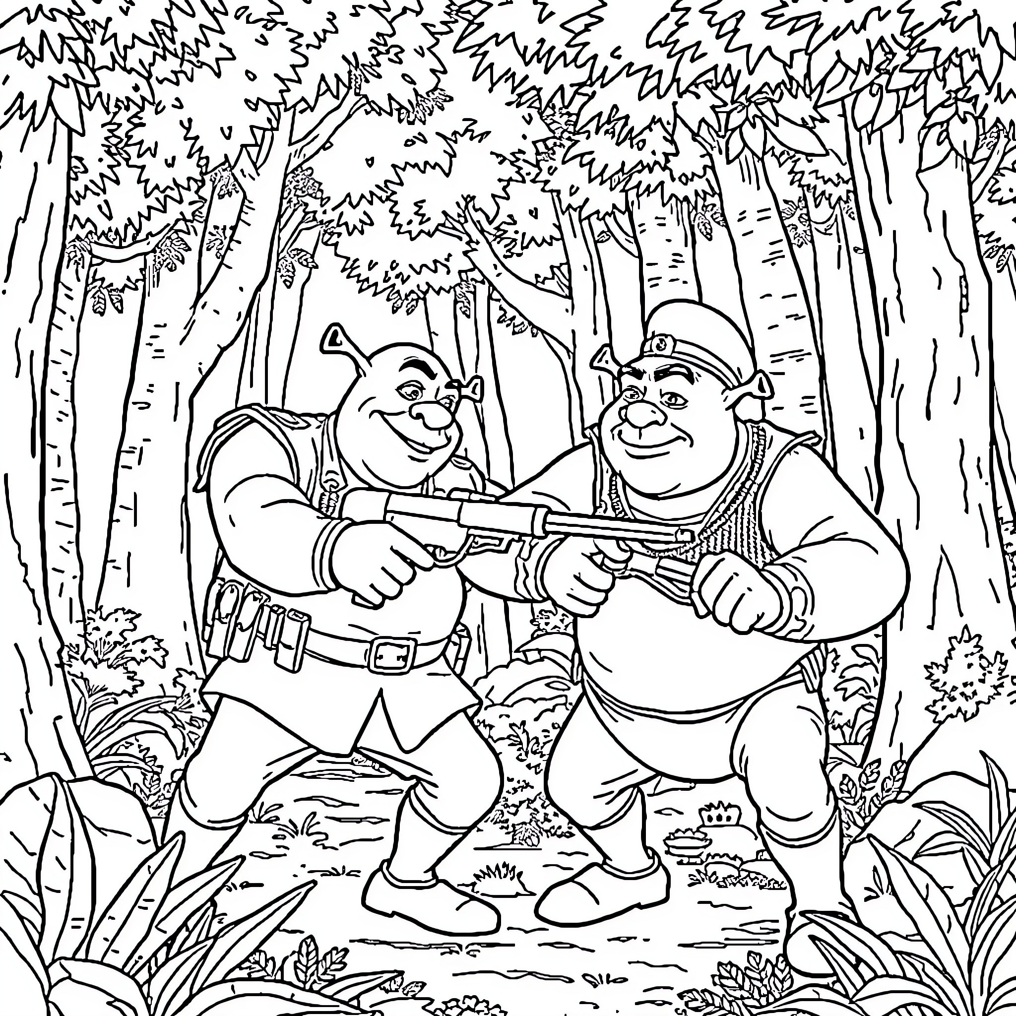 Militaire Companions in the Wooded Realm Coloring Page (free black-and-white line drawing printable PDF for all, from beginners to advanced learners, including children, teens, adults, and seniors)