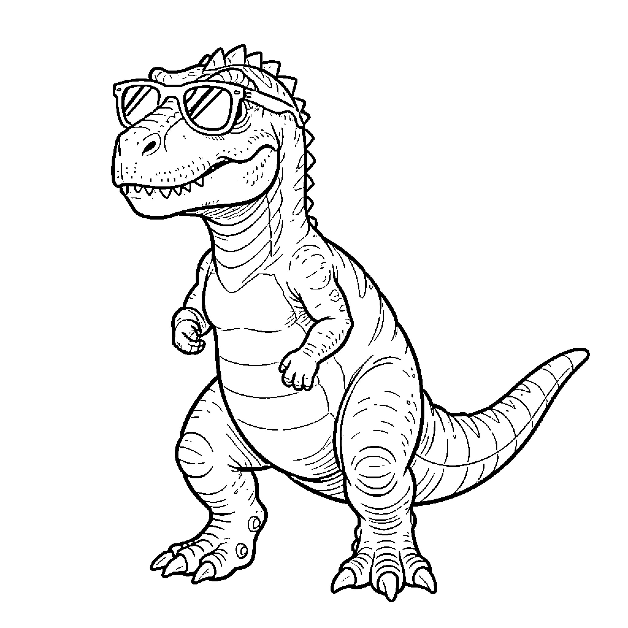 Dilophosaurus wearing sunglasses and smiling confidently Coloring Page (free black-and-white line drawing printable PDF for all, from beginners to advanced learners, including children, teens, adults, and seniors)