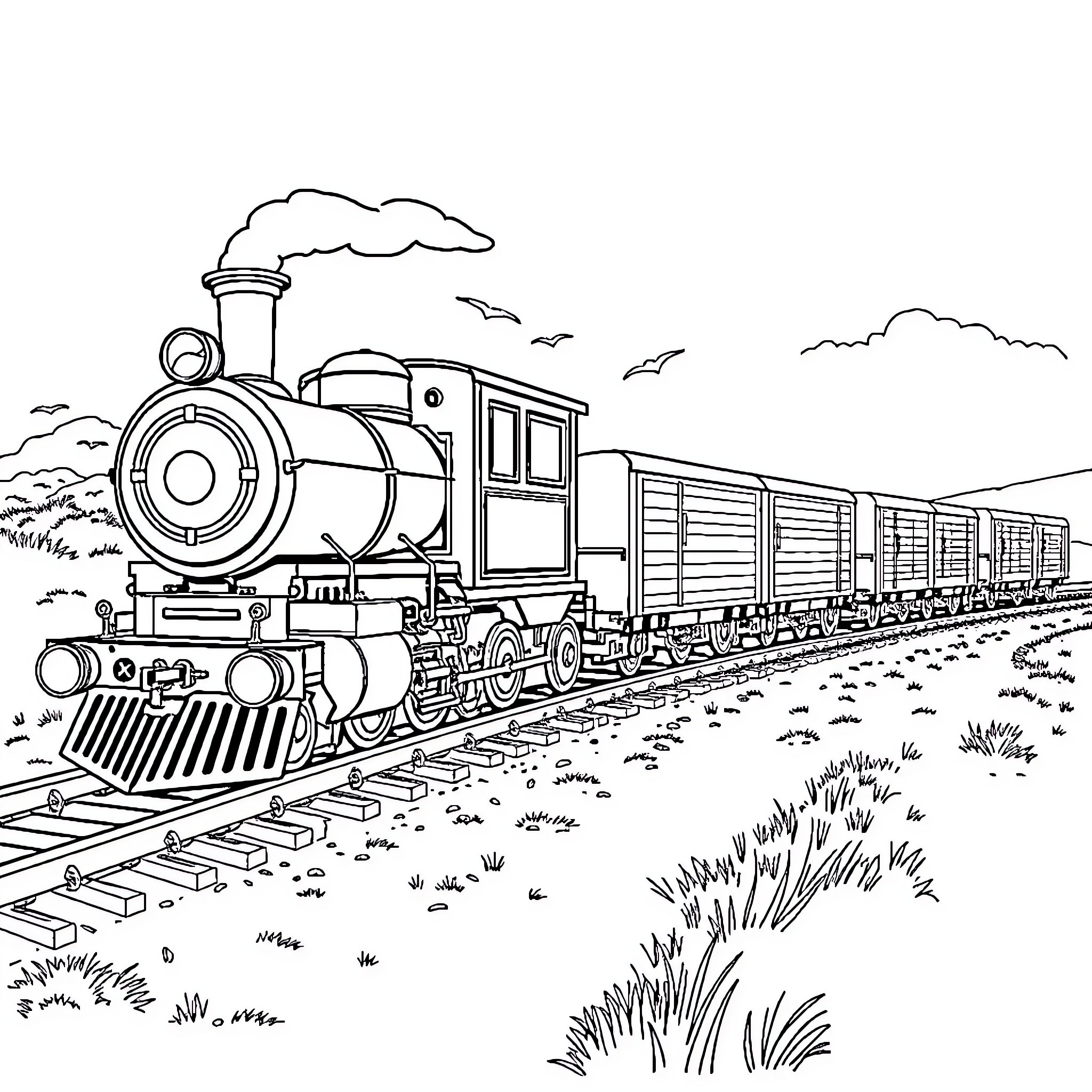 Train traveling on countryside tracks Coloring Page (free black-and-white line drawing printable PDF for all, from beginners to advanced learners, including children, teens, adults, and seniors)
