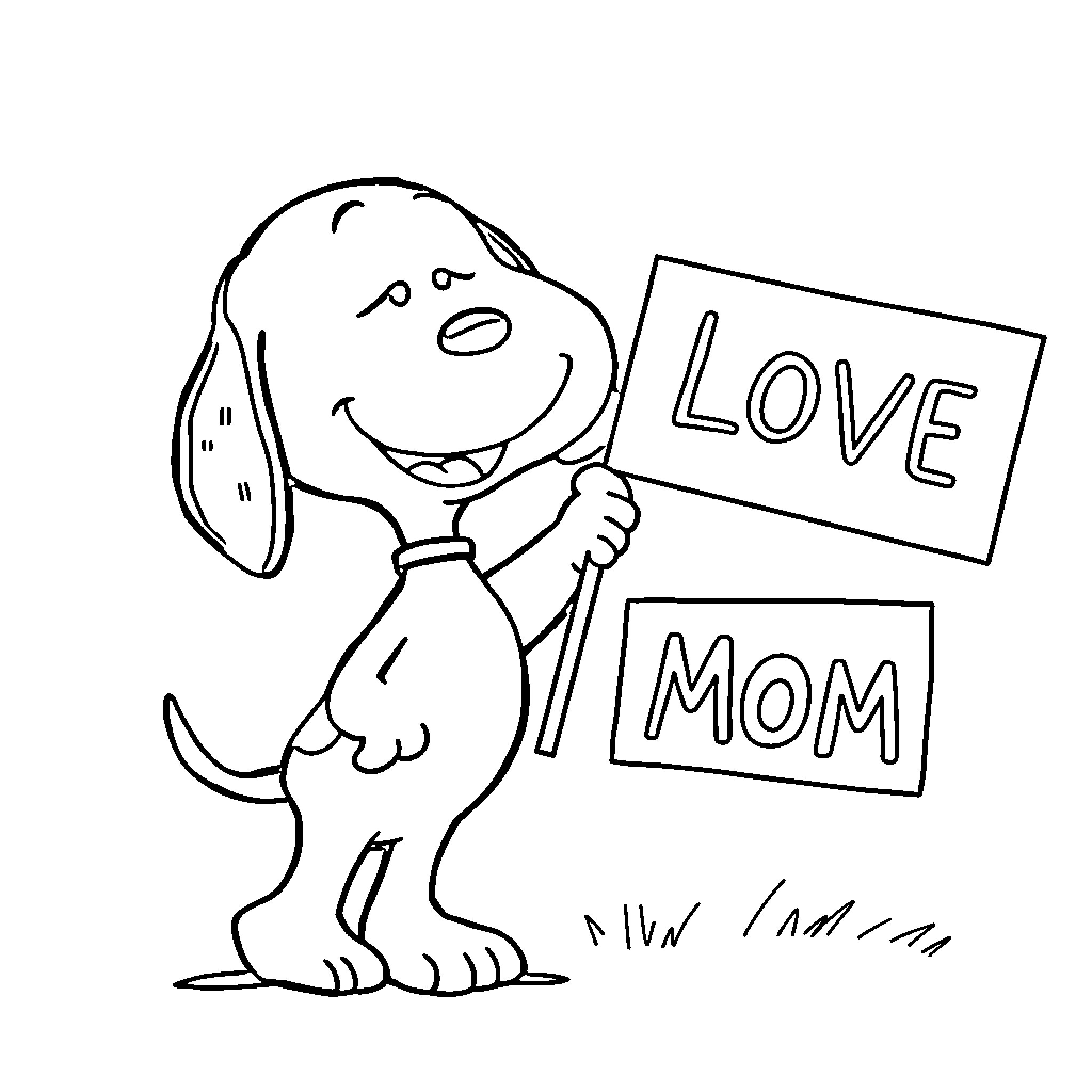 Snoopy celebrating and expressing love for mom Coloring Page (free black-and-white line drawing printable PDF for all, from beginners to advanced learners, including children, teens, adults, and seniors)