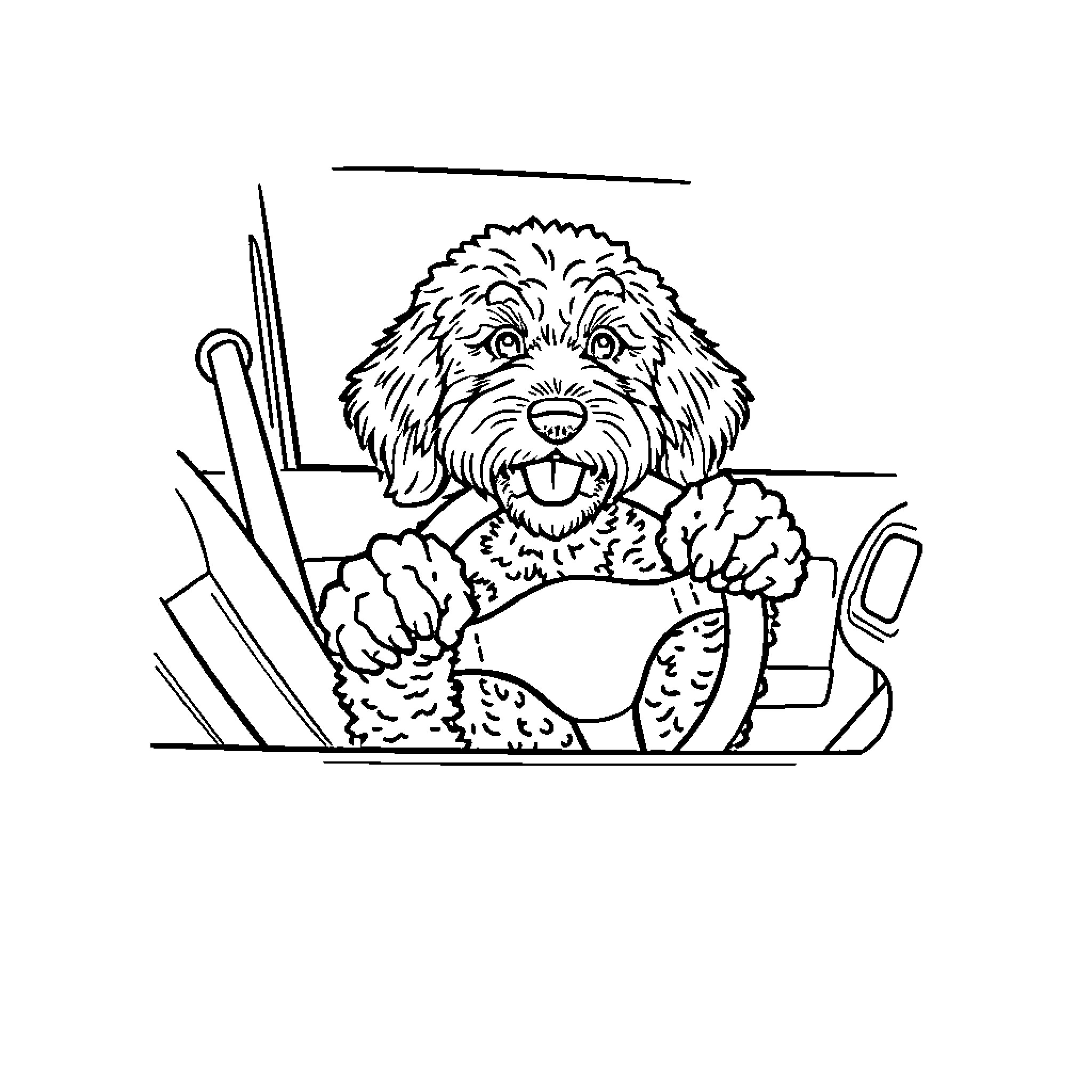 Labradoodle peeking out of a toolbox Coloring Page (free black-and-white line drawing printable PDF for all, from beginners to advanced learners, including children, teens, adults, and seniors)