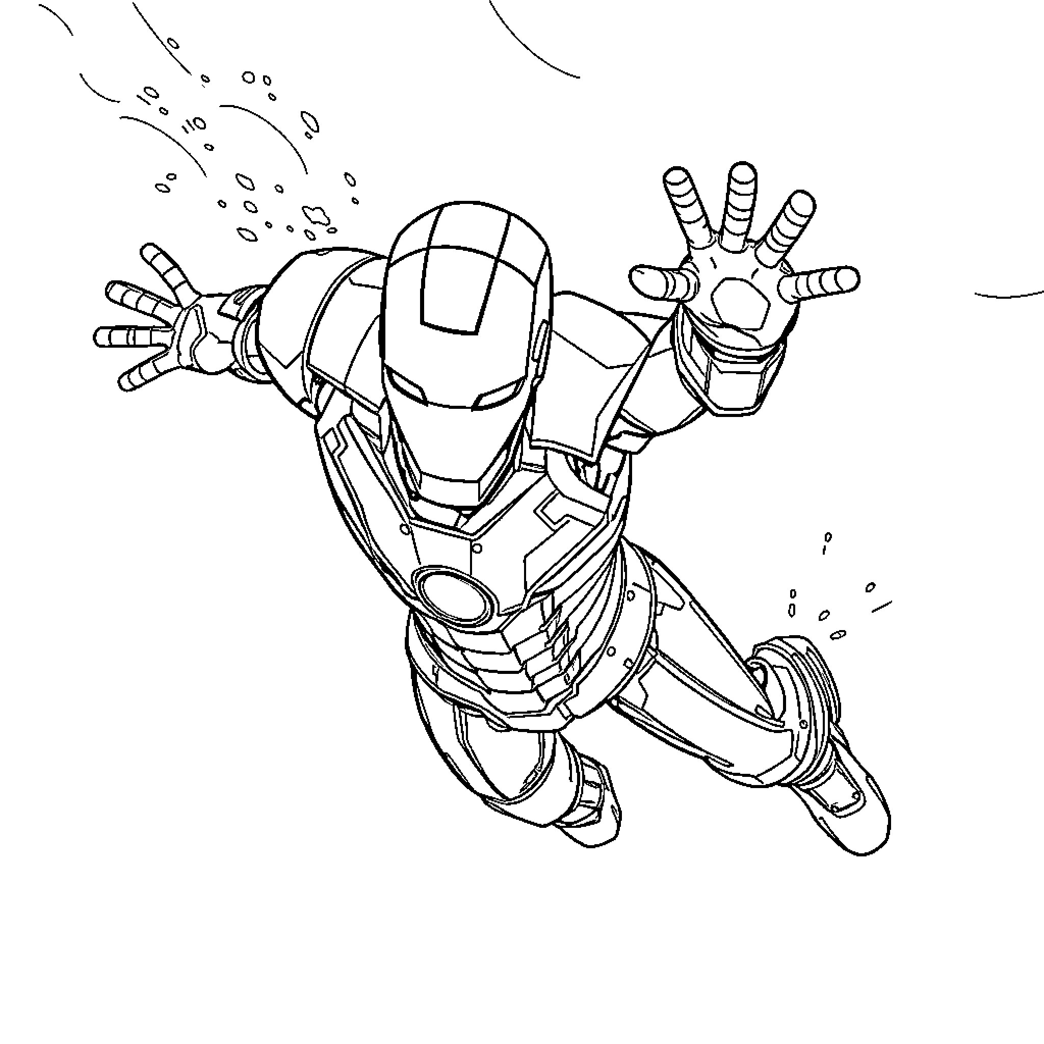 Ironman soaring through the air with outstretched arms Coloring Page (free black-and-white line drawing printable PDF for all, from beginners to advanced learners, including children, teens, adults, and seniors)