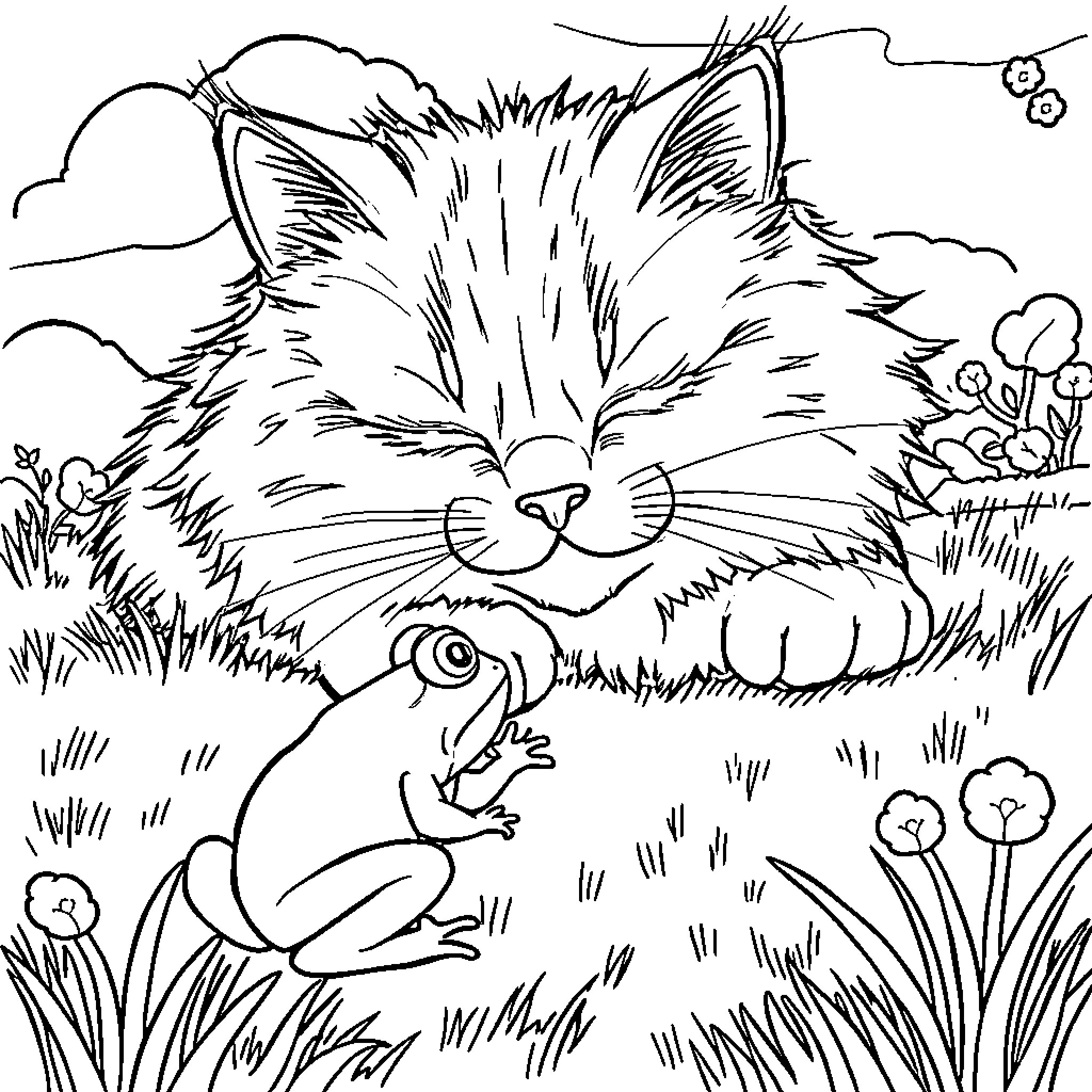 Cat relaxing in the meadow Coloring Page (free black-and-white line drawing printable PDF for all, from beginners to advanced learners, including children, teens, adults, and seniors)