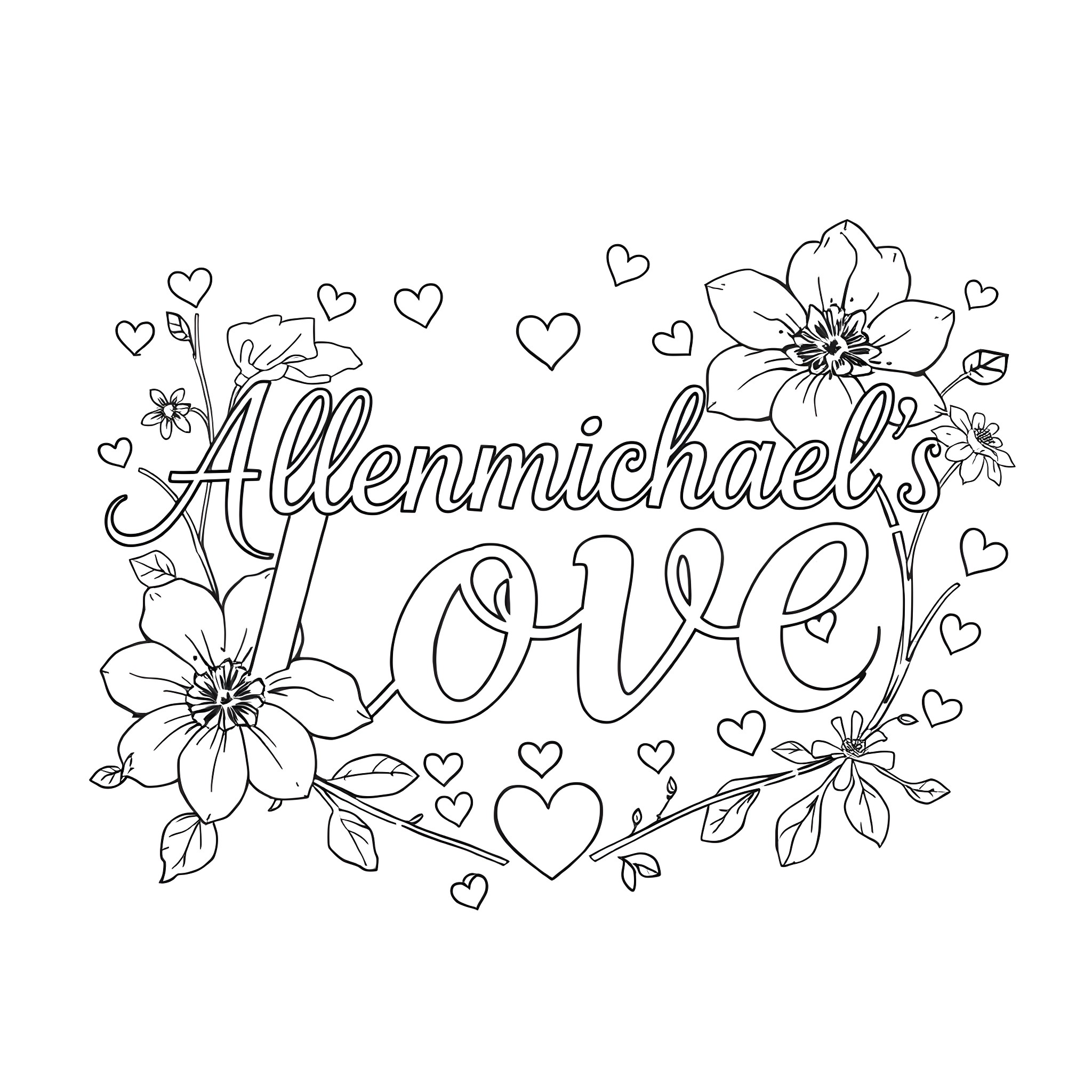 Font of flowers and hearts expressing love Coloring Page (free black-and-white line drawing printable PDF for all, from beginners to advanced learners, including children, teens, adults, and seniors)
