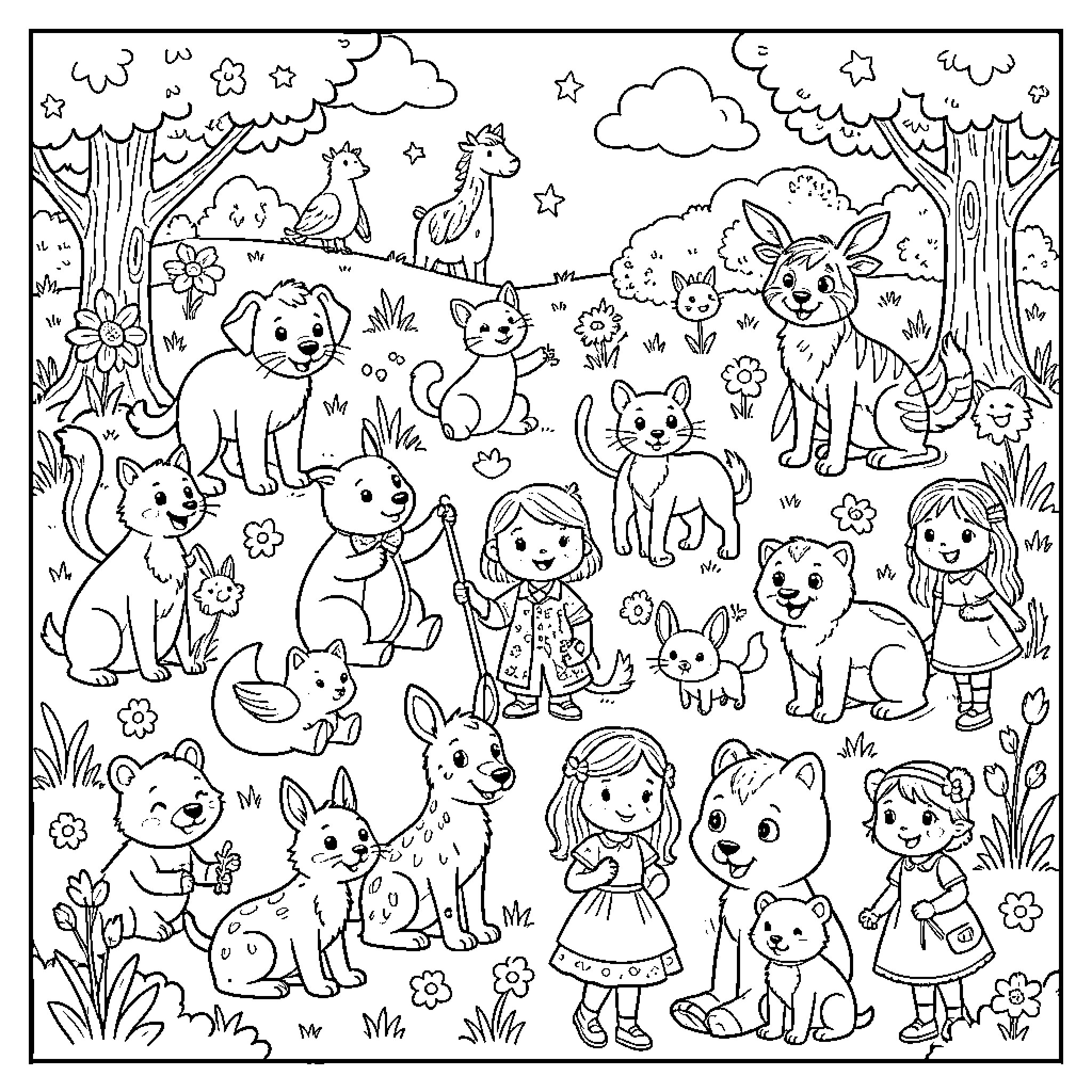 Children playing with animals in a forest setting Coloring Page (free black-and-white line drawing printable PDF for all, from beginners to advanced learners, including children, teens, adults, and seniors)