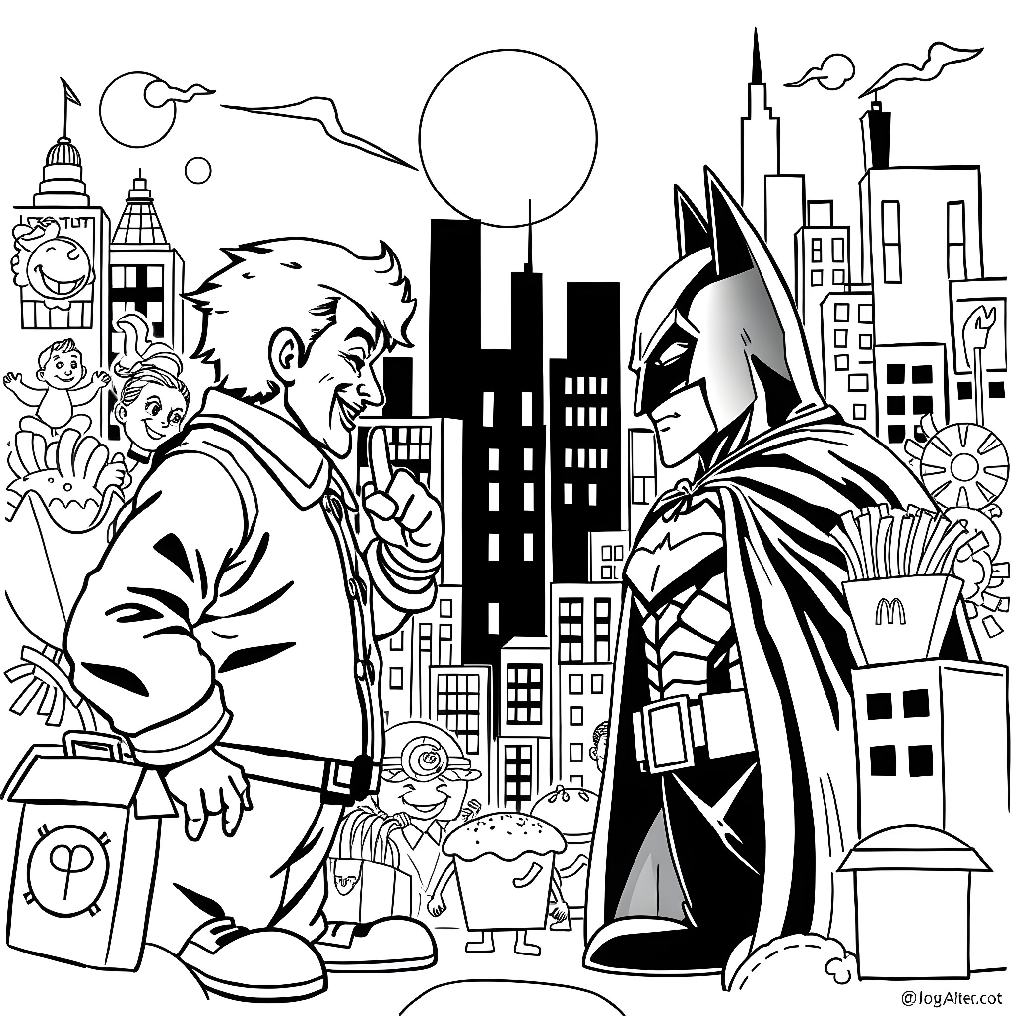 Ronald McDonald and Batman Confronting Each Other in the City Coloring Page (free black-and-white line drawing printable PDF for all, from beginners to advanced learners, including children, teens, adults, and seniors)