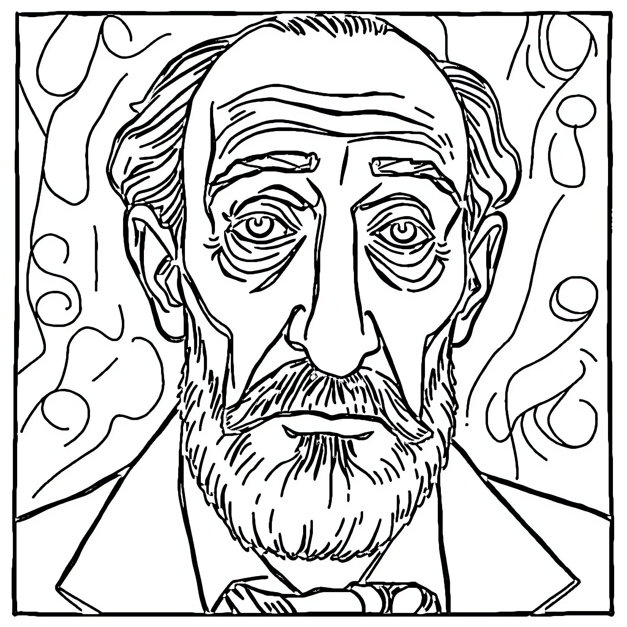 Picasso's Contemplative Self-Portrait Coloring Page (free black-and-white line drawing printable PDF for all, from beginners to advanced learners, including children, teens, adults, and seniors)