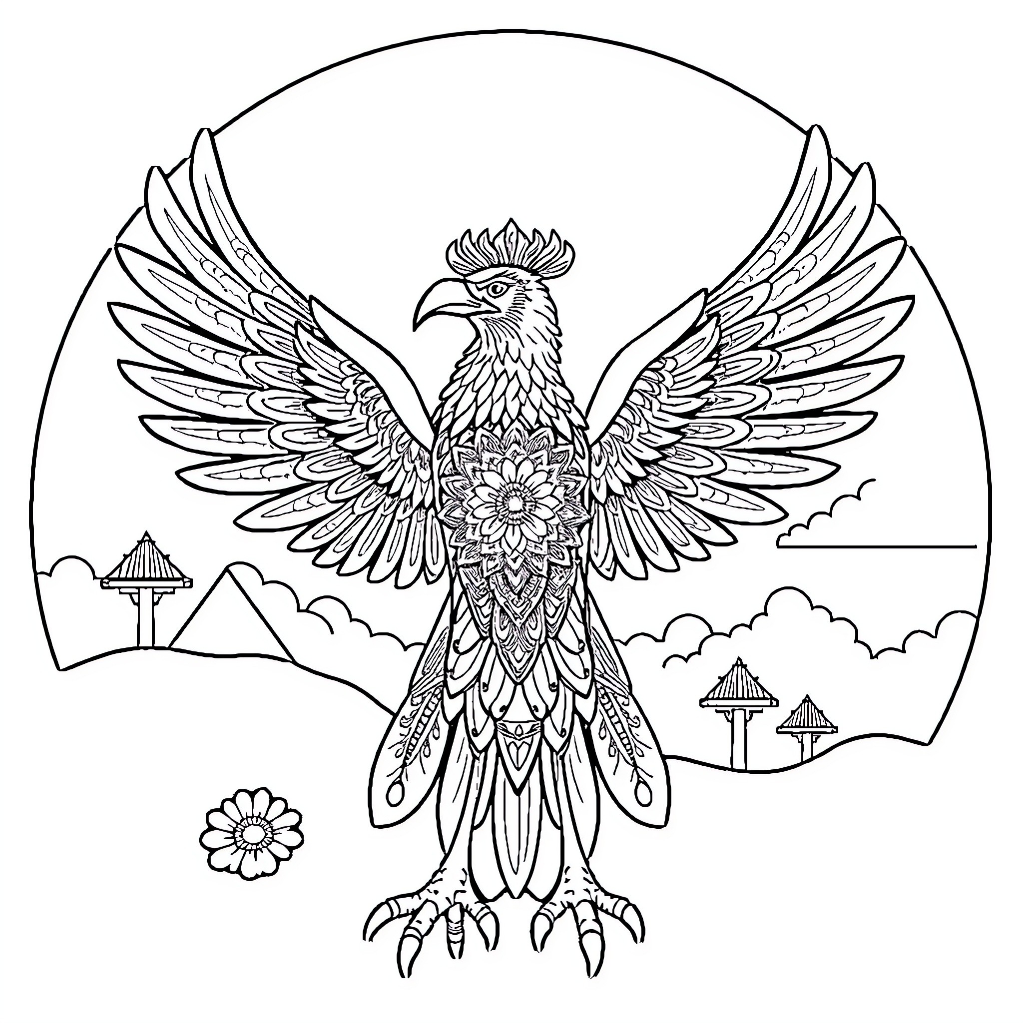 Garuda mythical bird in majestic pose Coloring Page (free black-and-white line drawing printable PDF for all, from beginners to advanced learners, including children, teens, adults, and seniors)