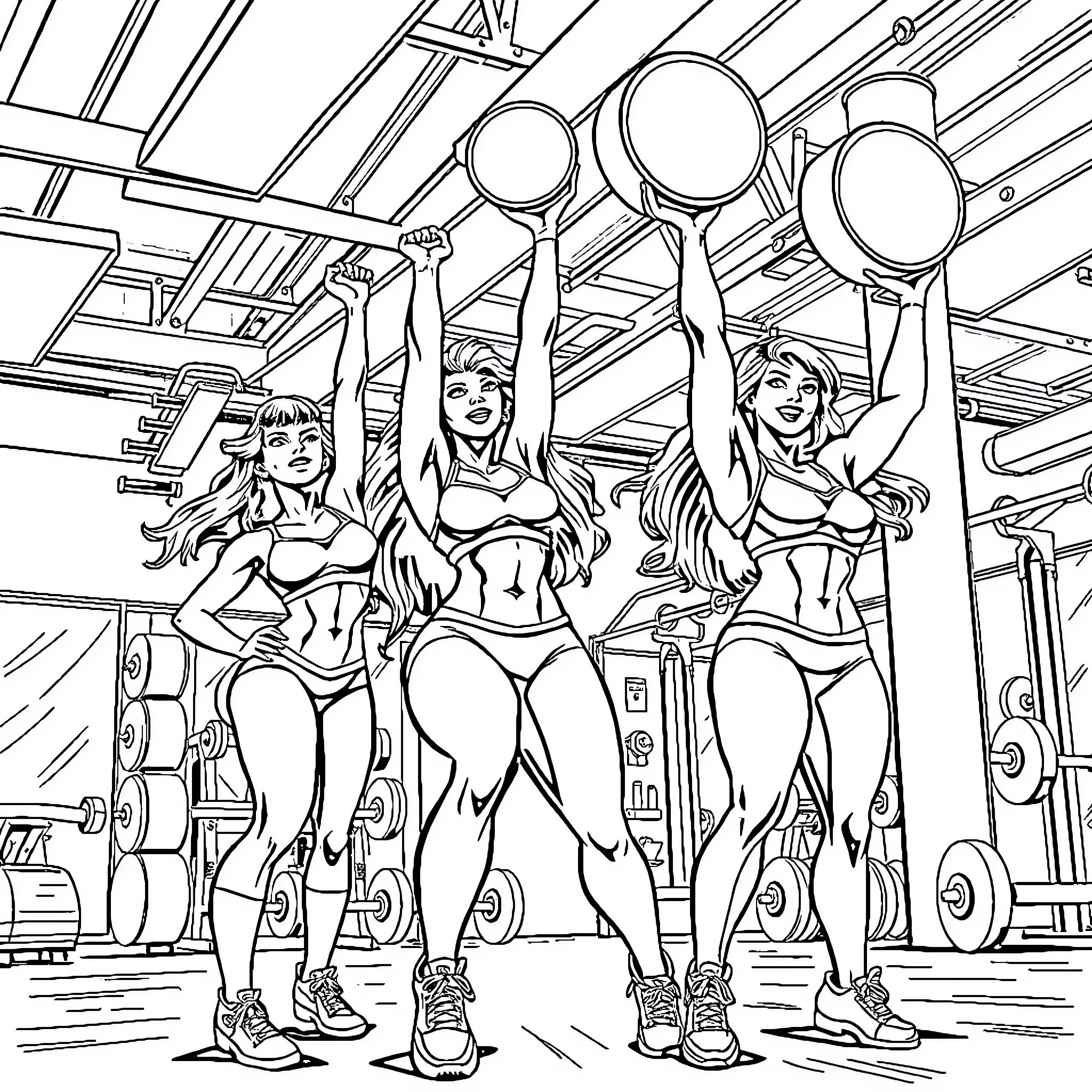 Chica Fitness Enthusiasts Exercising Together Coloring Page (free black-and-white line drawing printable PDF for all, from beginners to advanced learners, including children, teens, adults, and seniors)