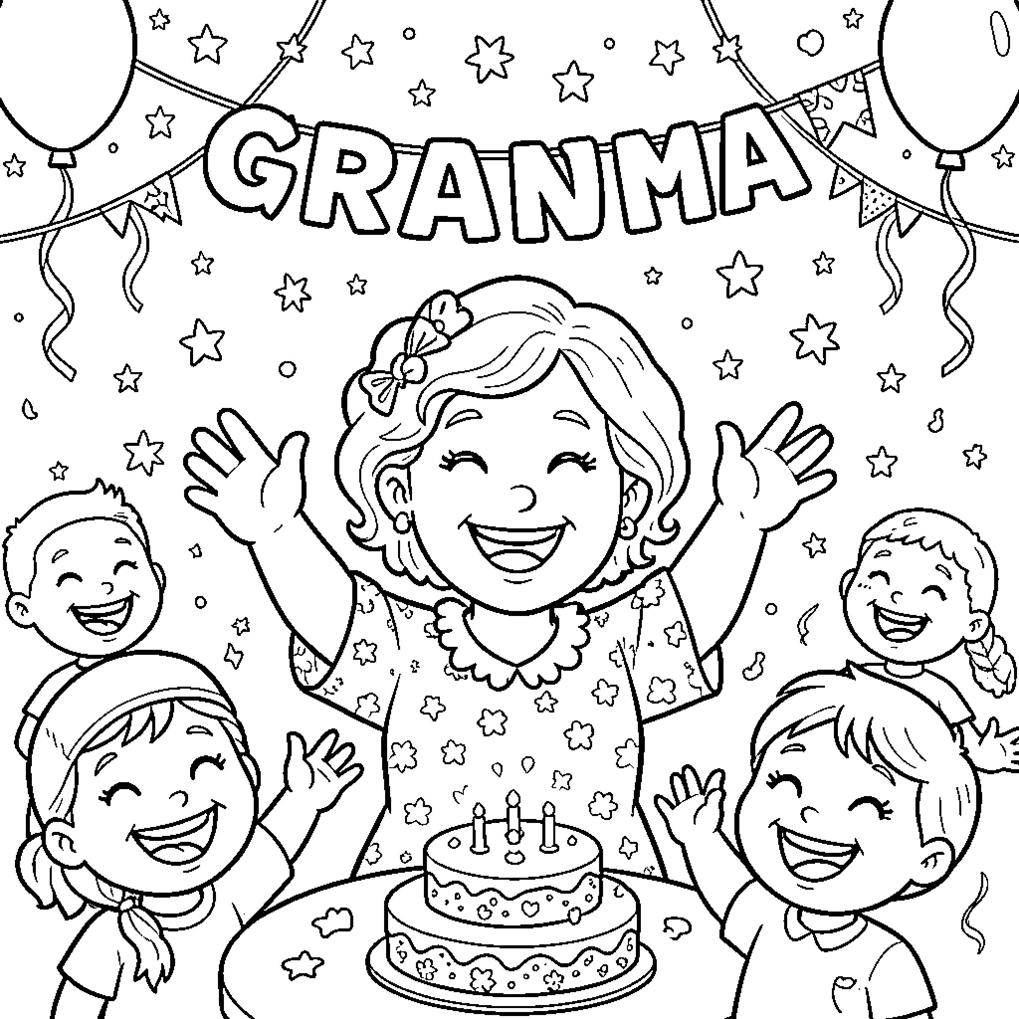 Grandmother Celebrating with Grandchildren and Birthday Cake Coloring Page (free black-and-white line drawing printable PDF for all, from beginners to advanced learners, including children, teens, adults, and seniors)