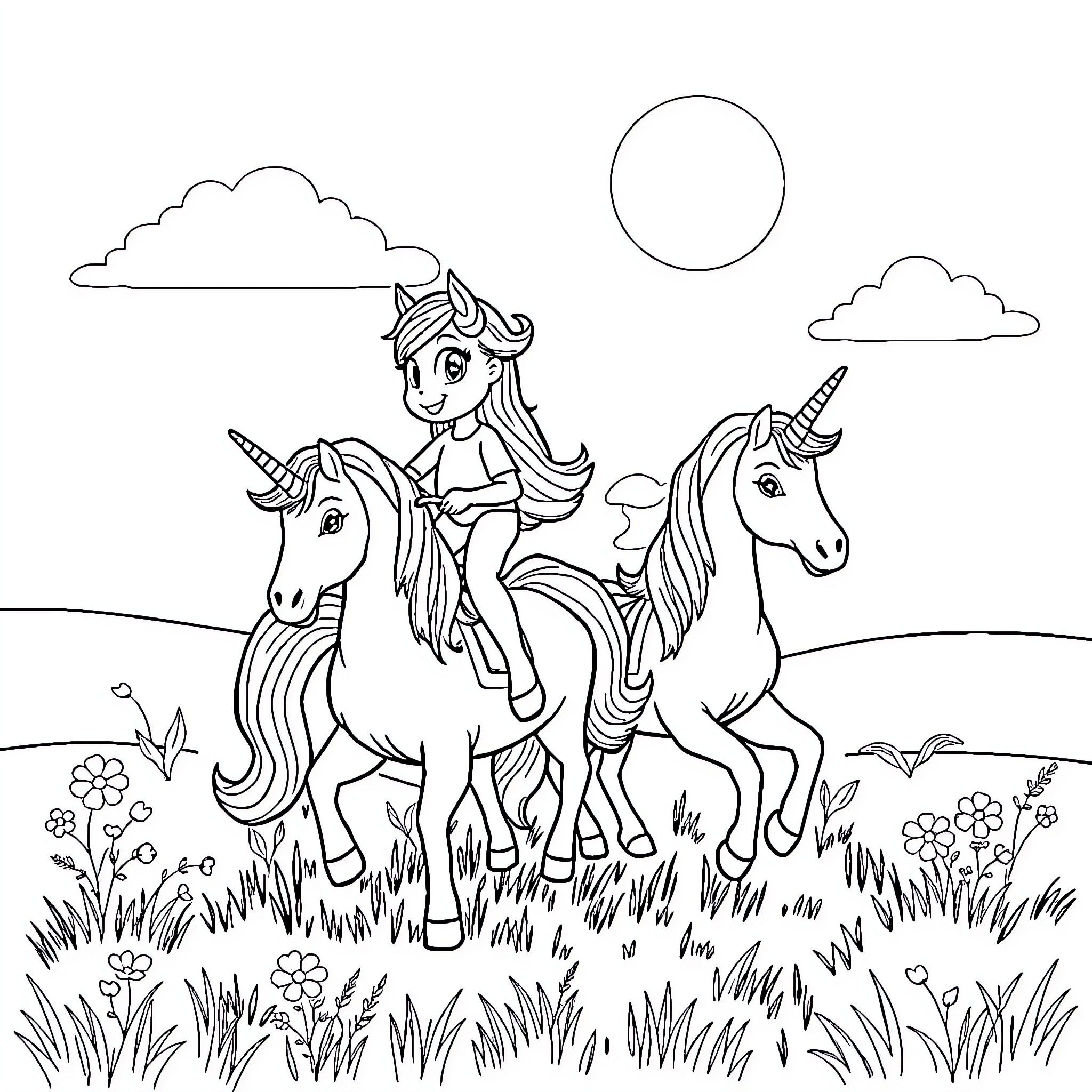 Bluey riding unicorns in the meadow Coloring Page (free black-and-white line drawing printable PDF for all, from beginners to advanced learners, including children, teens, adults, and seniors)