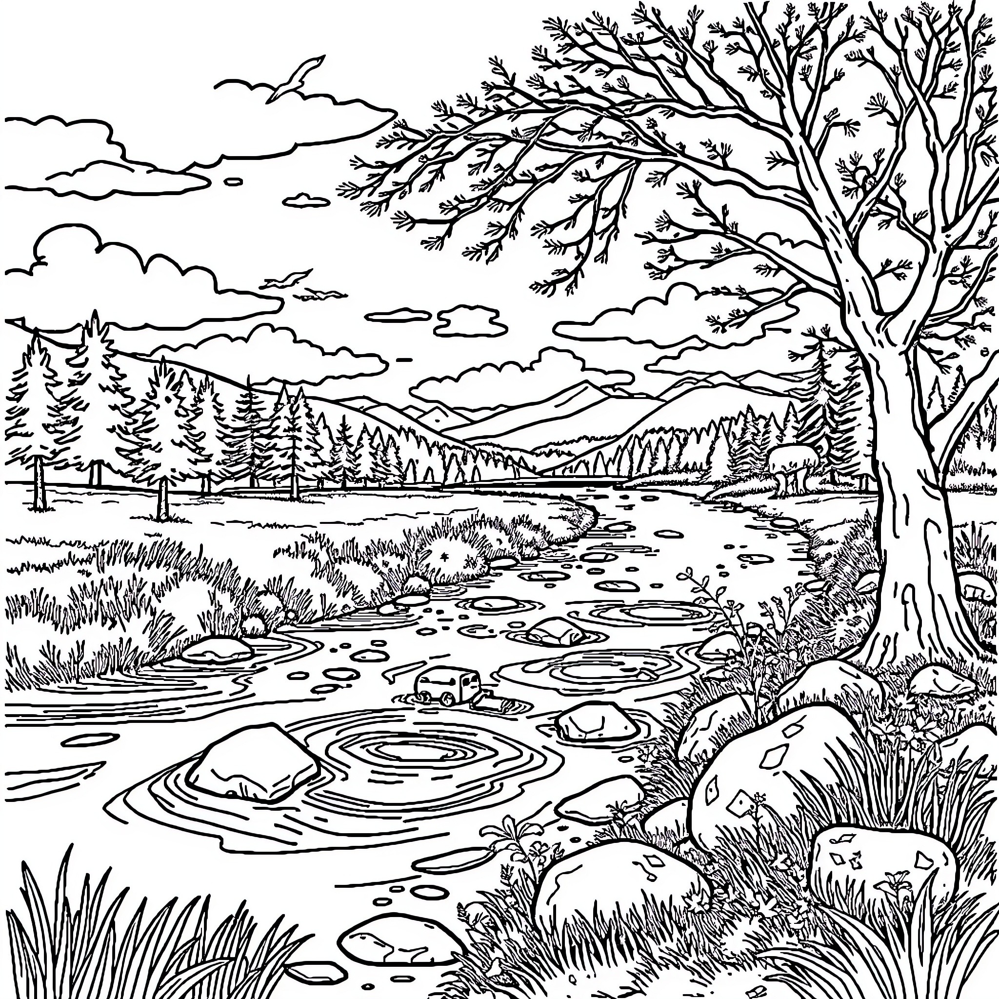 Water Landscape with Scenic Nature Elements Coloring Page (free black-and-white line drawing printable PDF for all, from beginners to advanced learners, including children, teens, adults, and seniors)