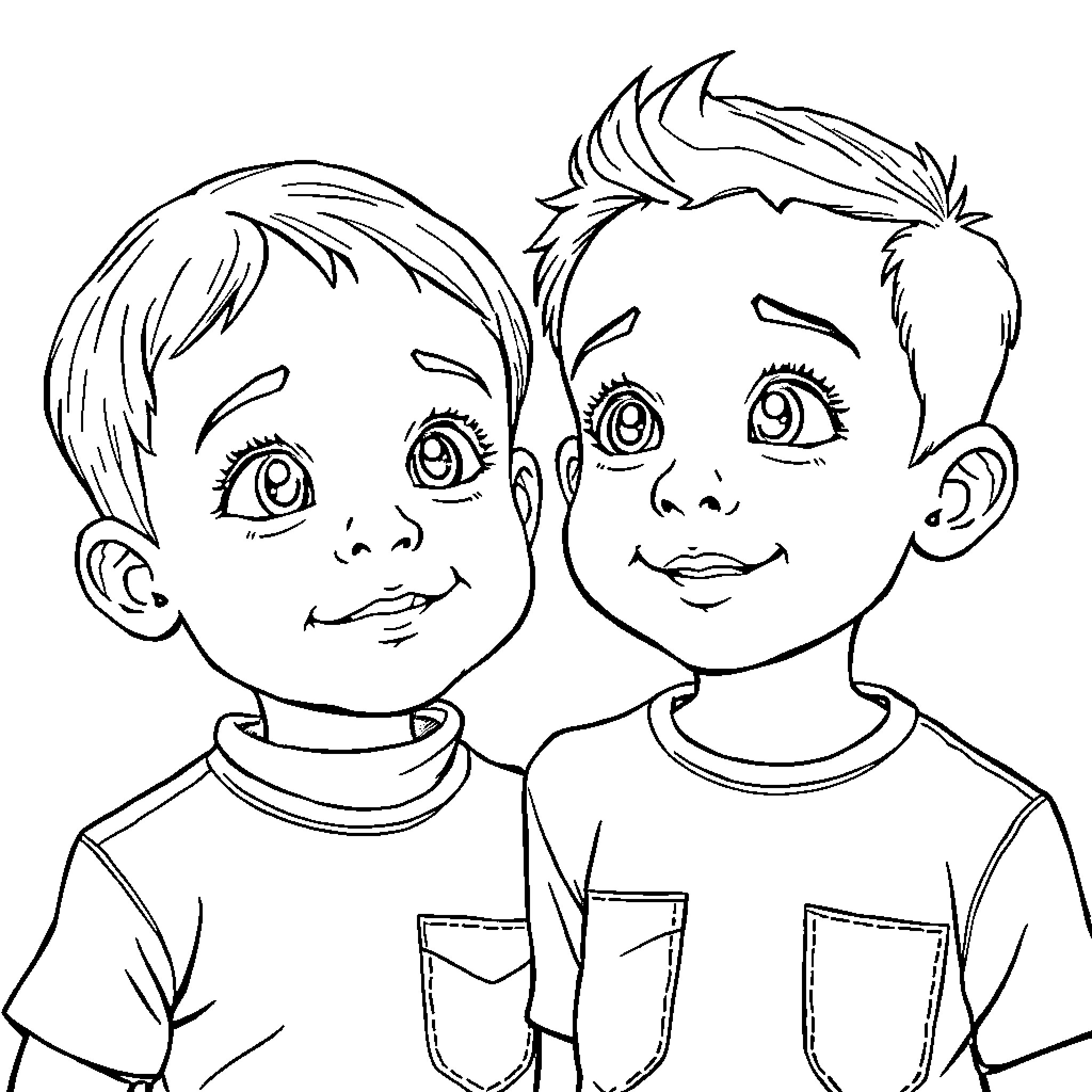Child friends happily smiling together Coloring Page (free black-and-white line drawing printable PDF for all, from beginners to advanced learners, including children, teens, adults, and seniors)