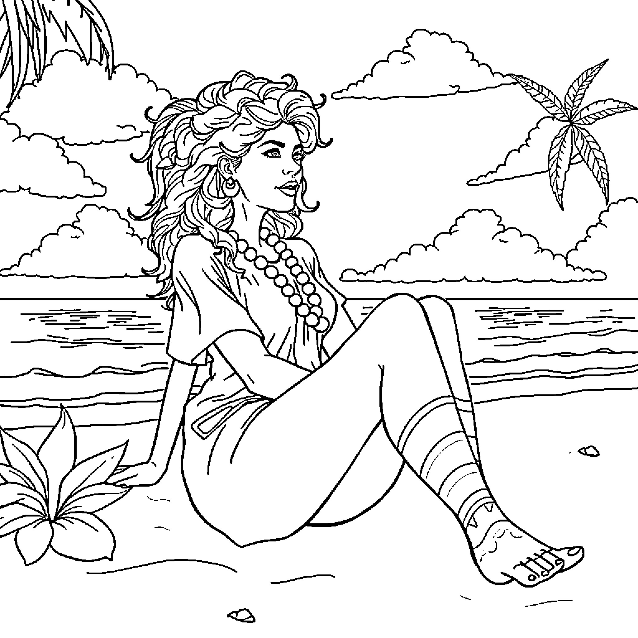 Sappho relaxing by the sea with tropical plants Coloring Page (free black-and-white line drawing printable PDF for all, from beginners to advanced learners, including children, teens, adults, and seniors)