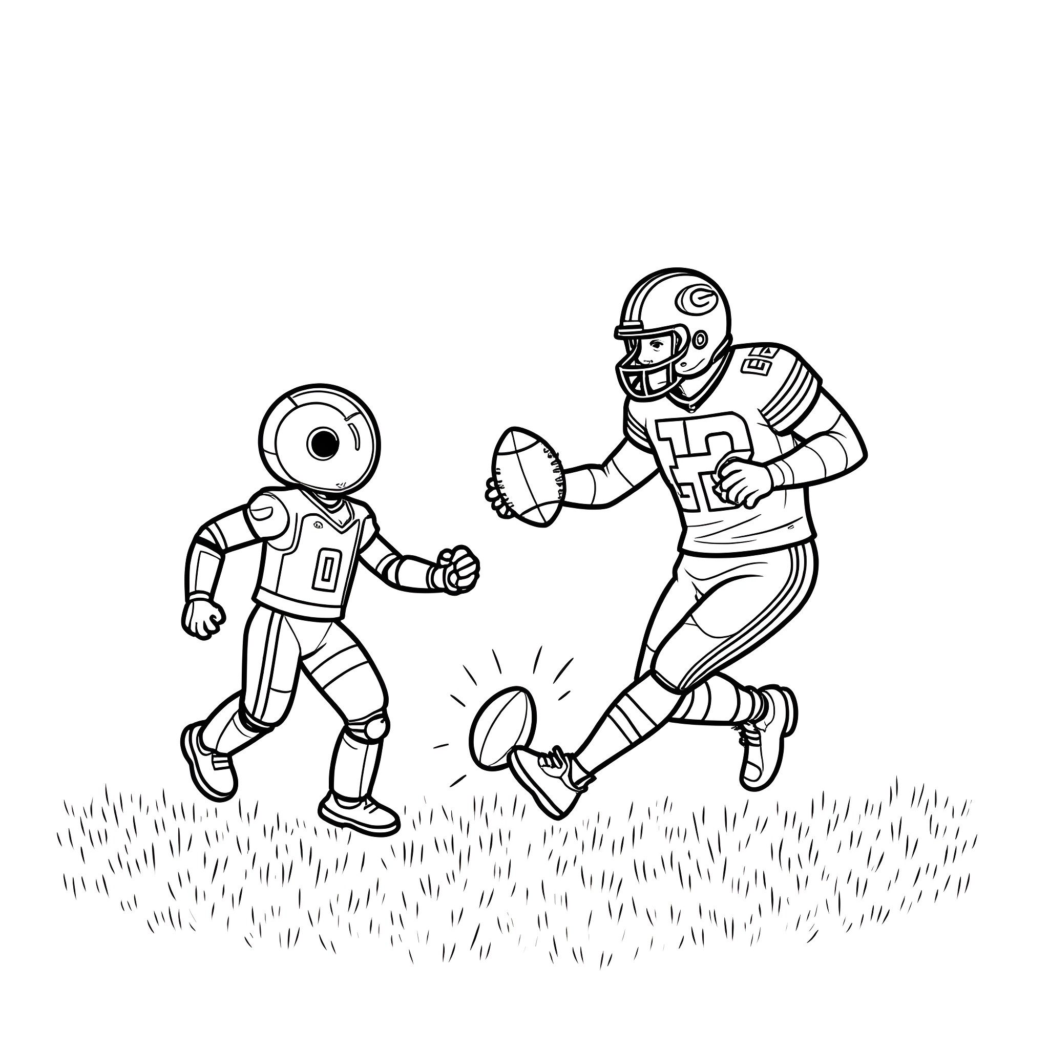 Gizmo robots playing football in the field Coloring Page (free black-and-white line drawing printable PDF for all, from beginners to advanced learners, including children, teens, adults, and seniors)