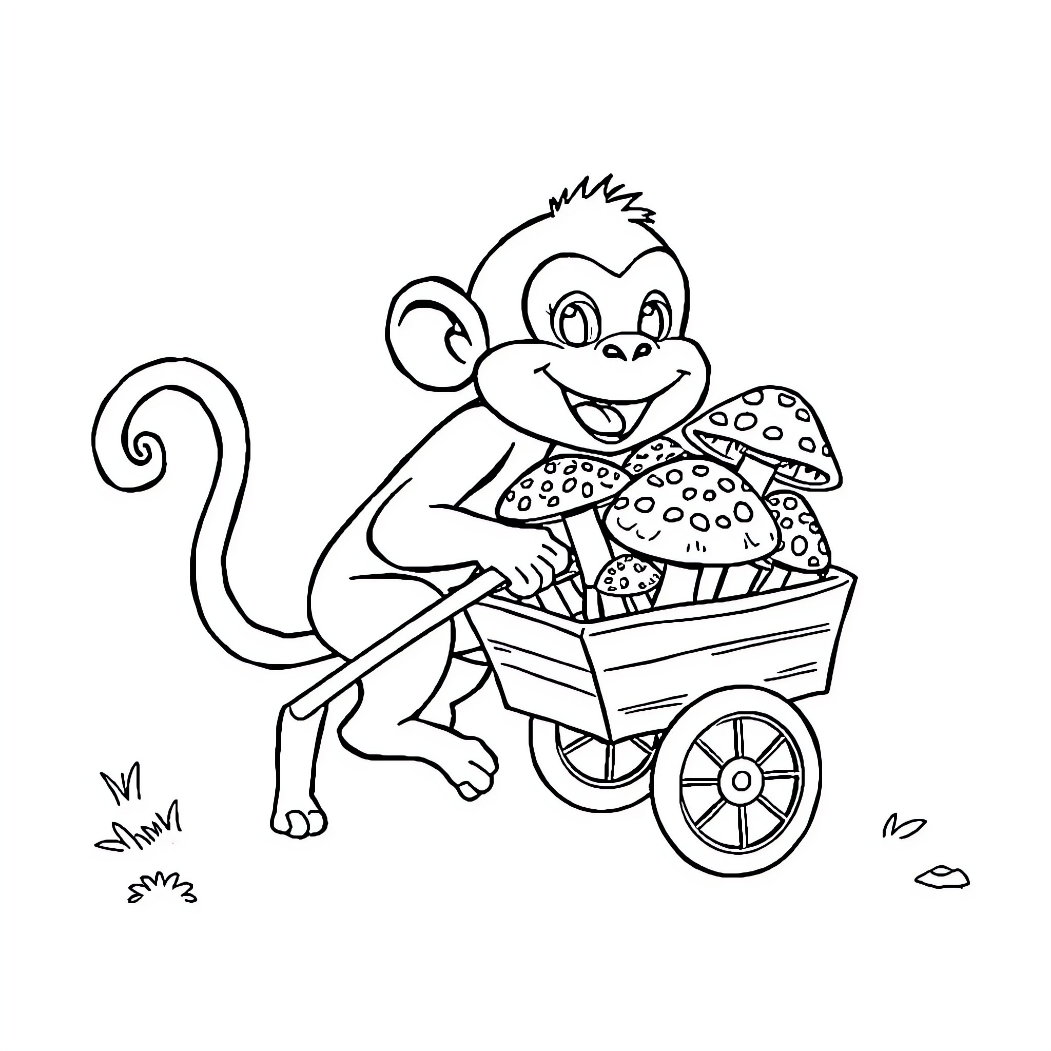 Monkey pushing cart of colorful mushrooms Coloring Page (free black-and-white line drawing printable PDF for all, from beginners to advanced learners, including children, teens, adults, and seniors)