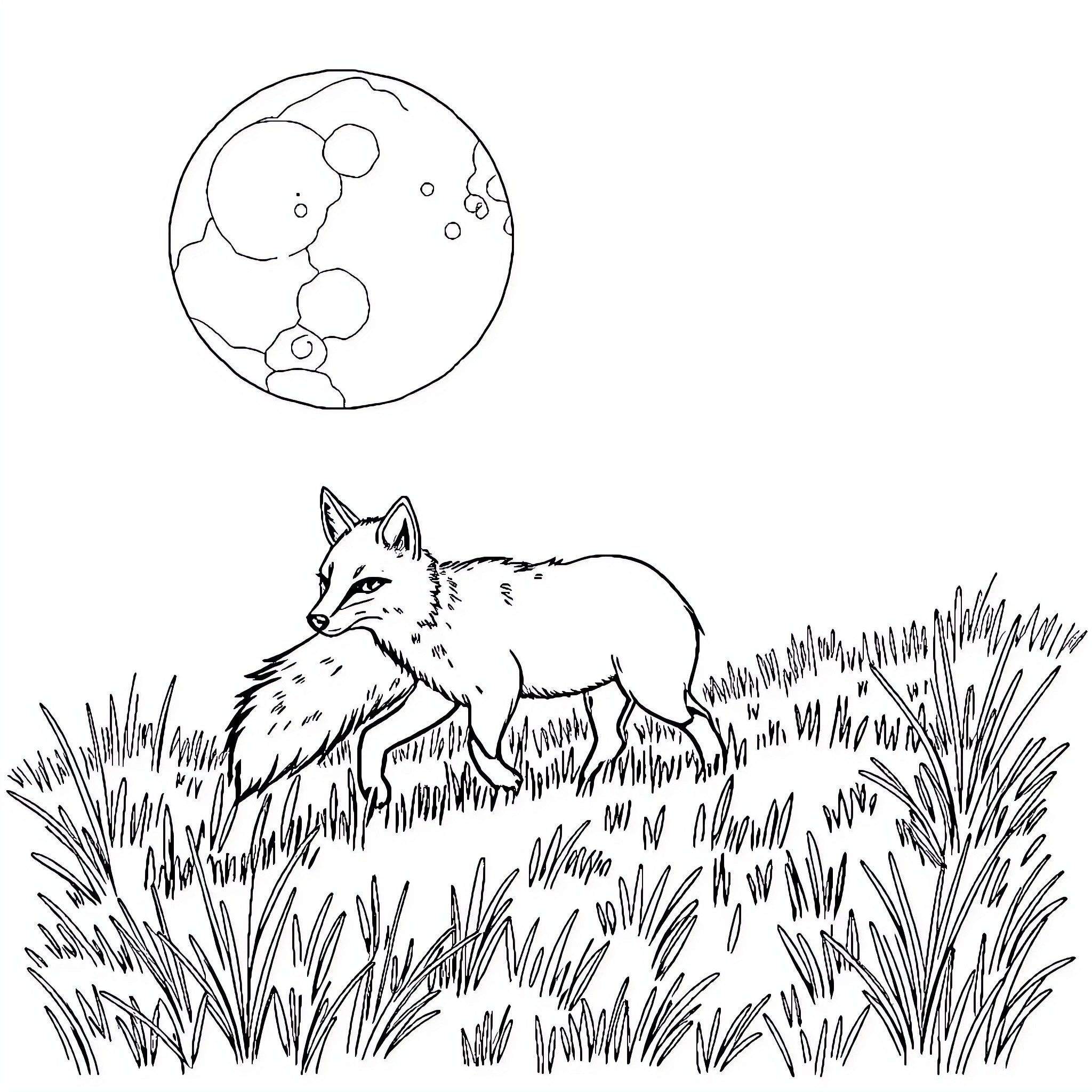 Fox exploring the grassy meadow under the moon Coloring Page (free black-and-white line drawing printable PDF for all, from beginners to advanced learners, including children, teens, adults, and seniors)