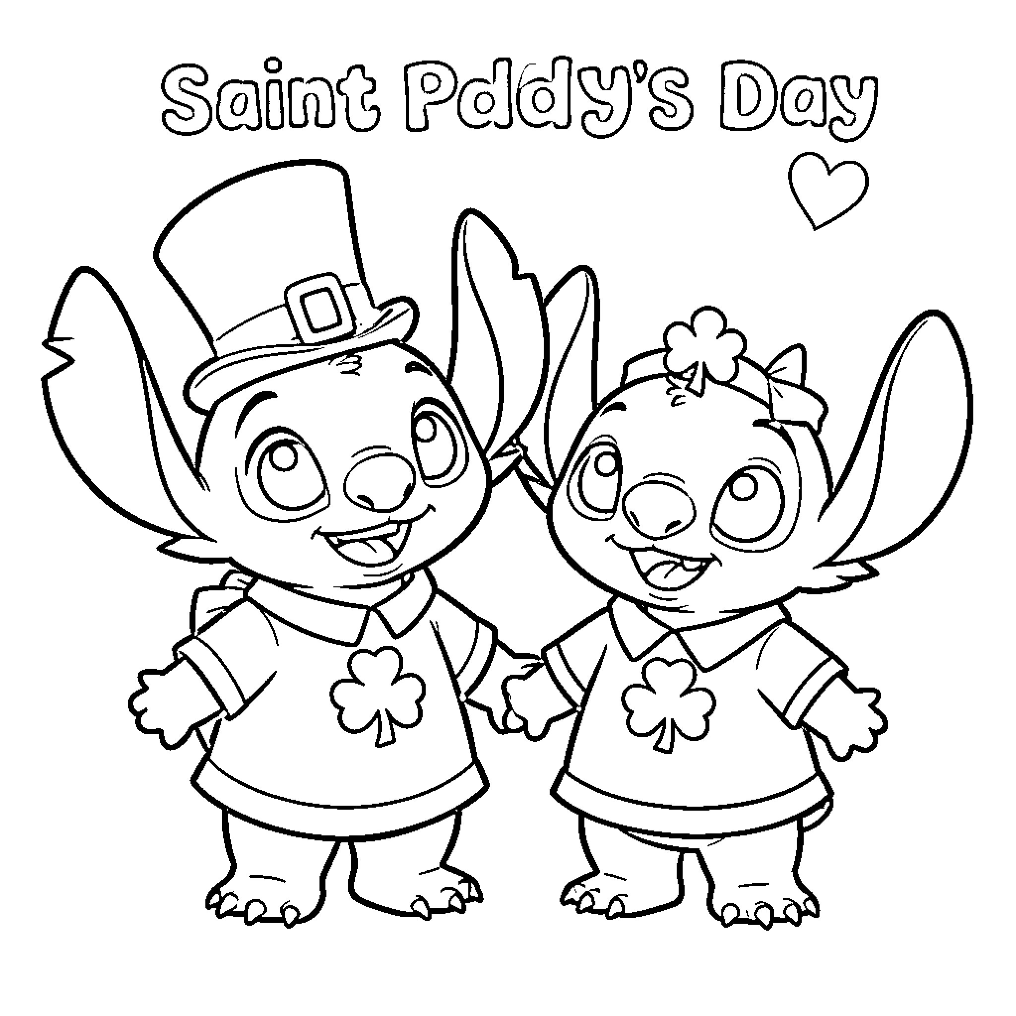 Lilo and Stitch celebrate Saint Paddy's Day Coloring Page (free black-and-white line drawing printable PDF for all, from beginners to advanced learners, including children, teens, adults, and seniors)