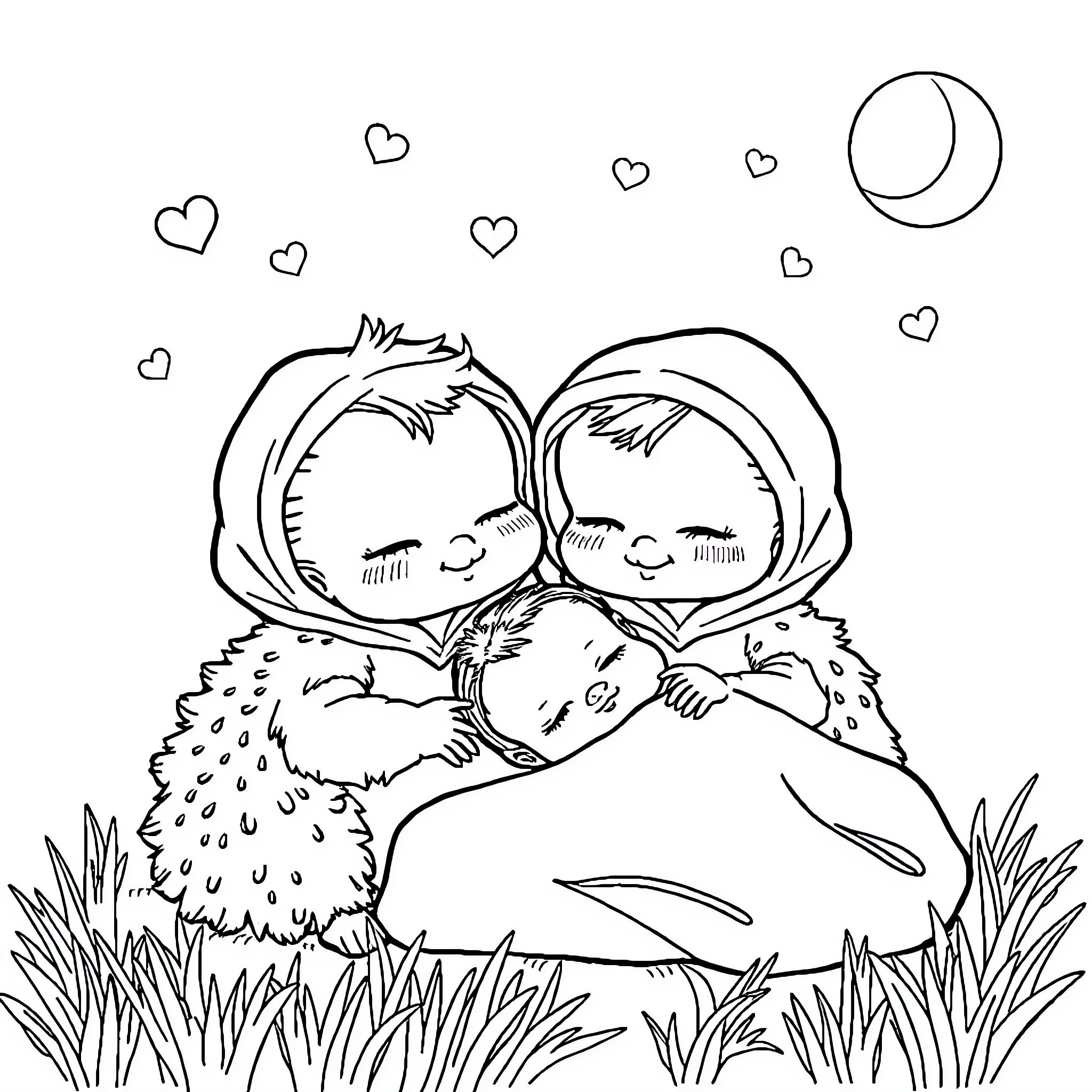 Nina's cozy embrace under the moonlight Coloring Page (free black-and-white line drawing printable PDF for all, from beginners to advanced learners, including children, teens, adults, and seniors)