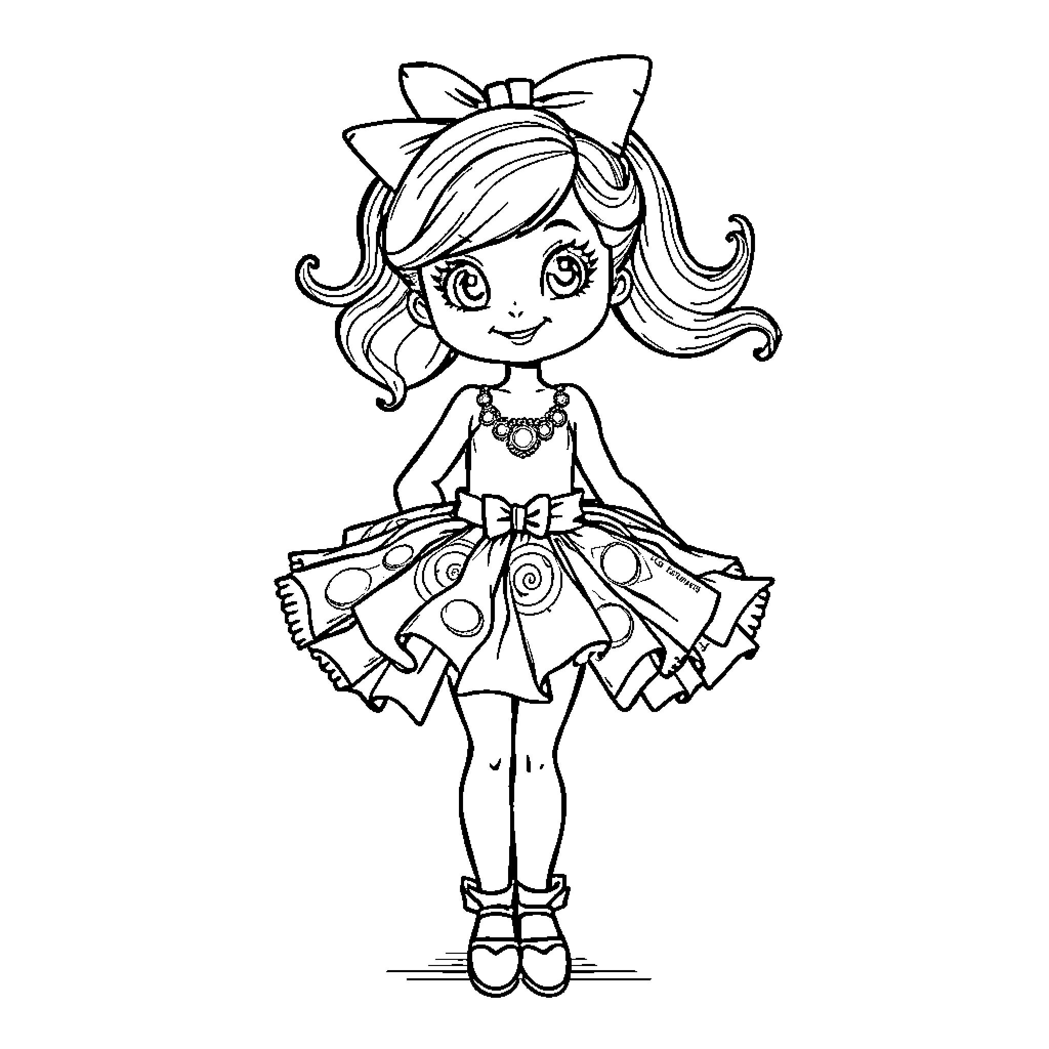 Lutine, a cheerful girl in a festive dress Coloring Page (free black-and-white line drawing printable PDF for all, from beginners to advanced learners, including children, teens, adults, and seniors)