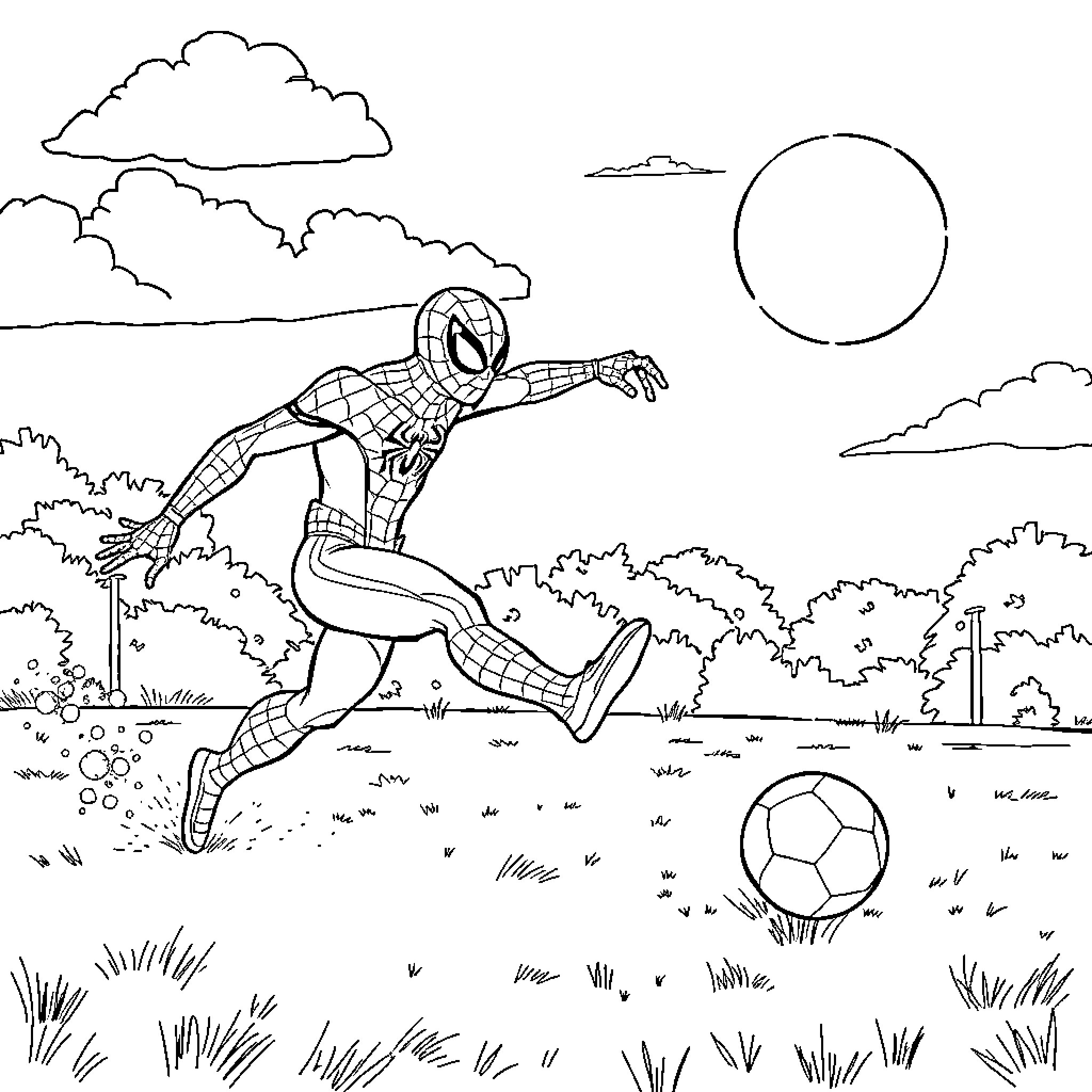 Spiderman playing with a soccer ball in the park Coloring Page (free black-and-white line drawing printable PDF for all, from beginners to advanced learners, including children, teens, adults, and seniors)