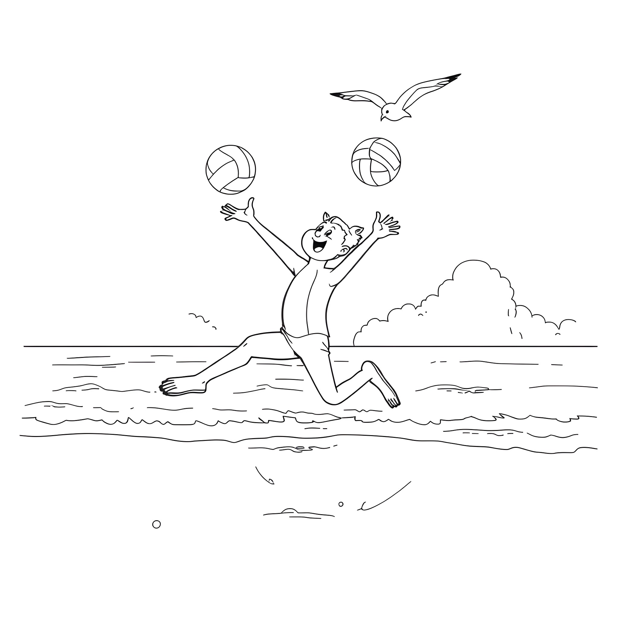 Bluey playing joyfully with beach balls and seagull Coloring Page (free black-and-white line drawing printable PDF for all, from beginners to advanced learners, including children, teens, adults, and seniors)