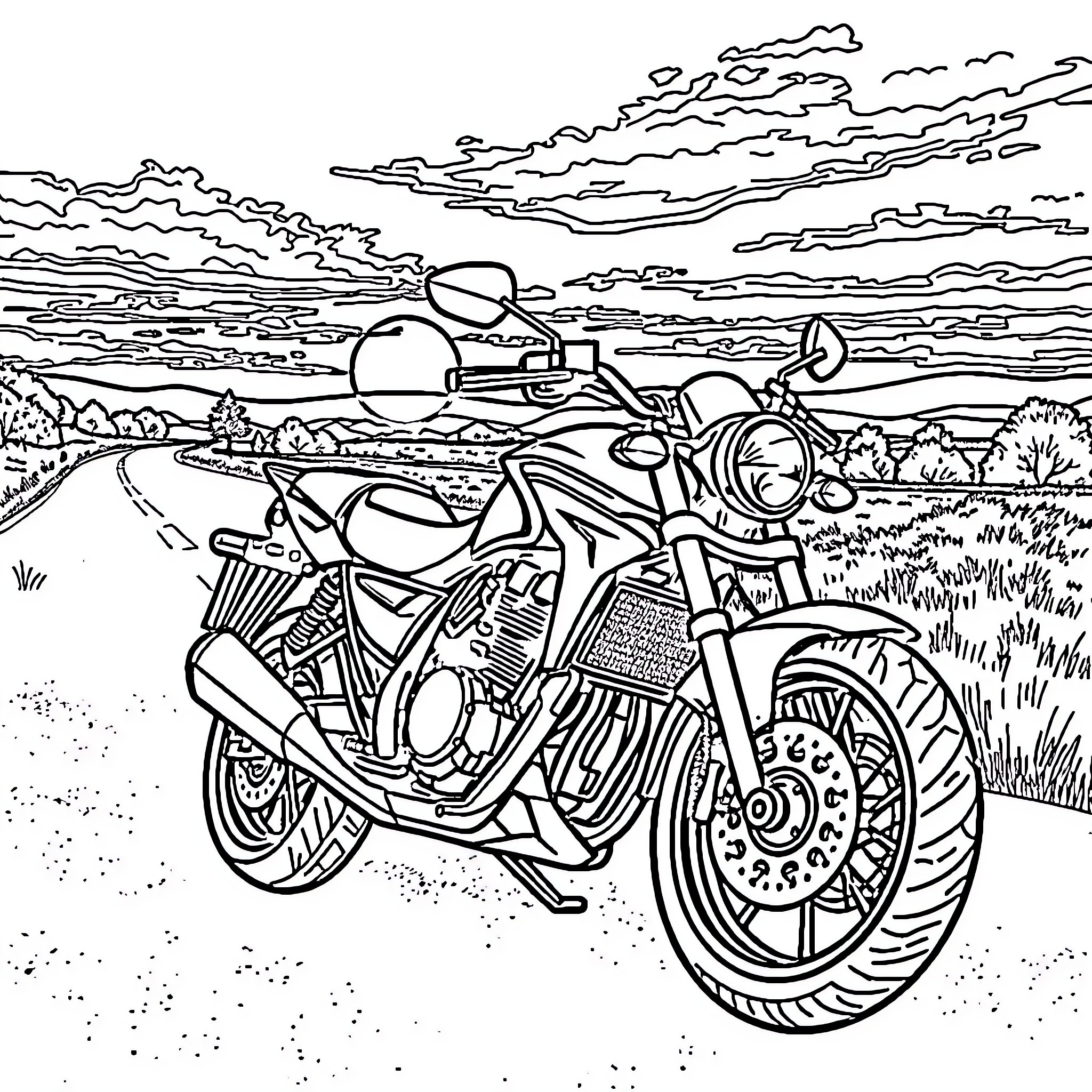 Motorcycle on the Road with Scenic Landscape Coloring Page (free black-and-white line drawing printable PDF for all, from beginners to advanced learners, including children, teens, adults, and seniors)