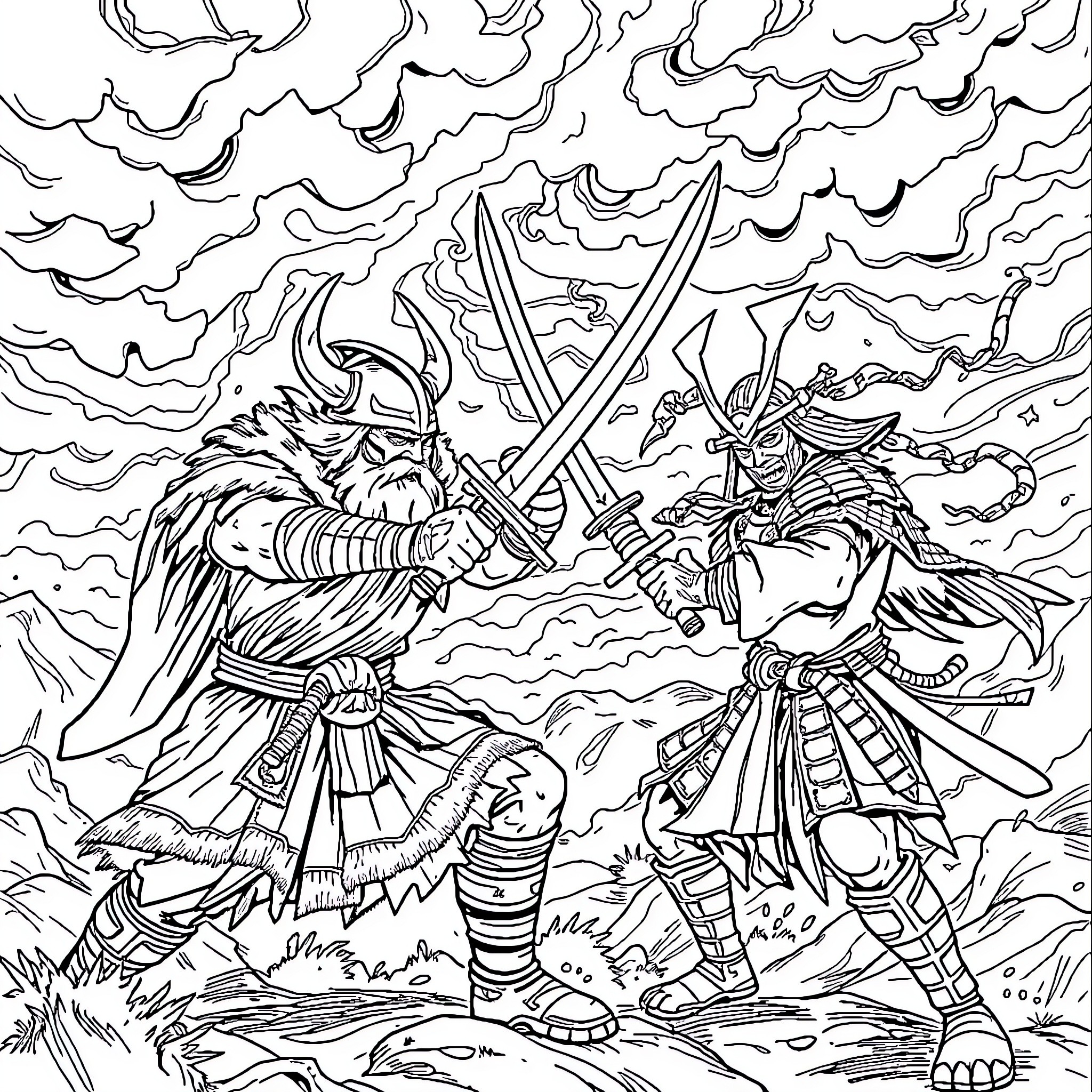 Viking Warriors Engaged in Fierce Combat Coloring Page (free black-and-white line drawing printable PDF for all, from beginners to advanced learners, including children, teens, adults, and seniors)