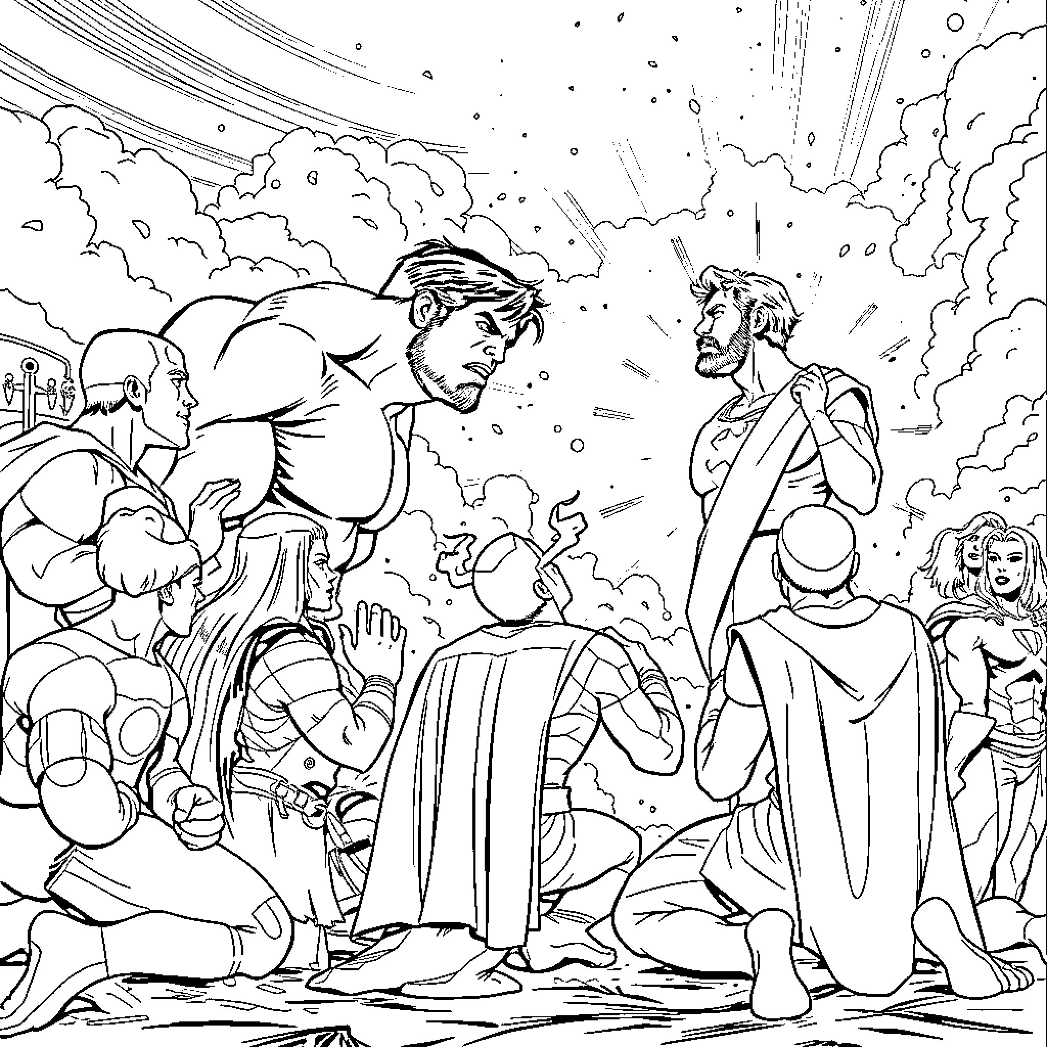 Superhero Team Confronting Powerful Adversary Coloring Page (free black-and-white line drawing printable PDF for all, from beginners to advanced learners, including children, teens, adults, and seniors)
