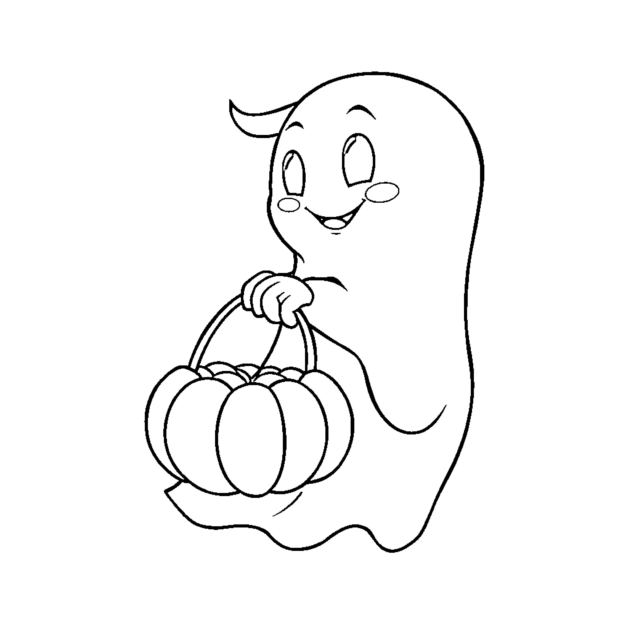 Ghost carrying a pumpkin basket Coloring Page (free black-and-white line drawing printable PDF for all, from beginners to advanced learners, including children, teens, adults, and seniors)