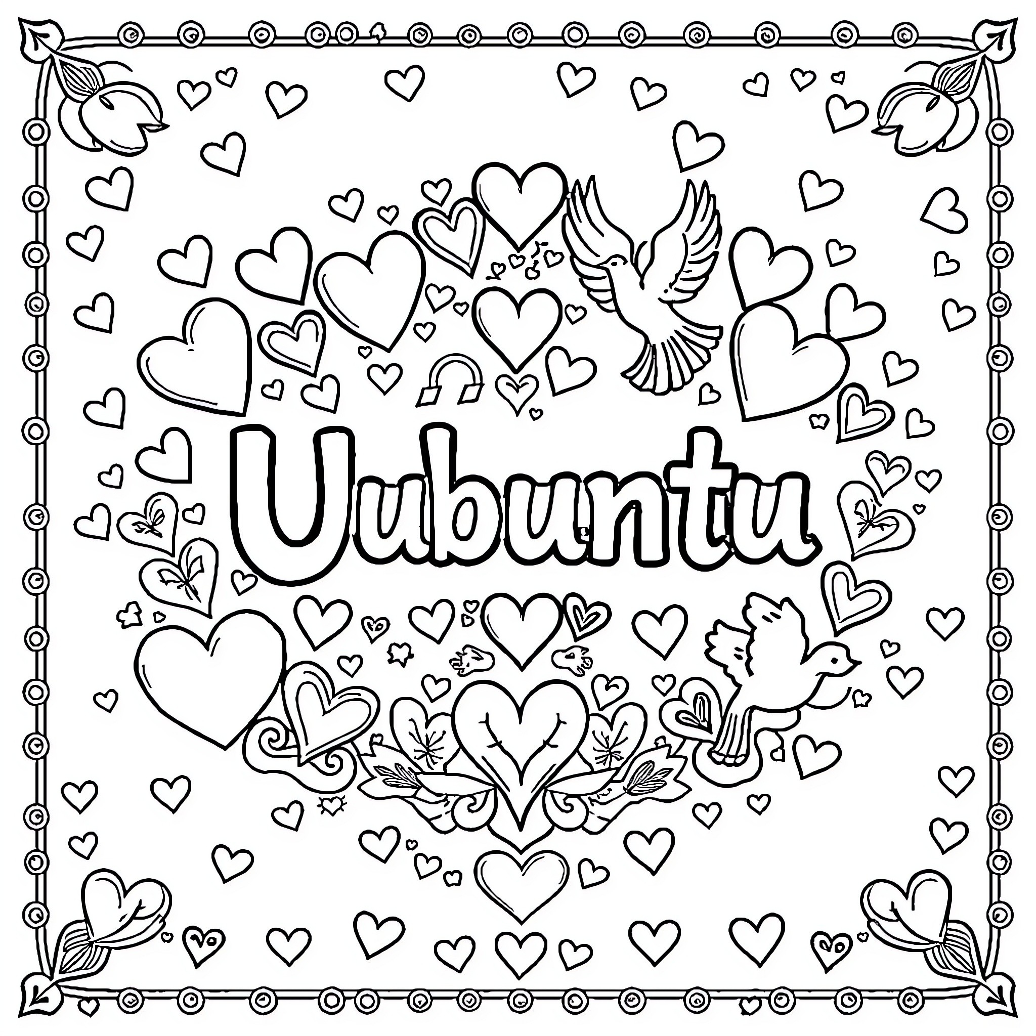 Love and Unity Expressed in Hearts and Symbols Coloring Page (free black-and-white line drawing printable PDF for all, from beginners to advanced learners, including children, teens, adults, and seniors)