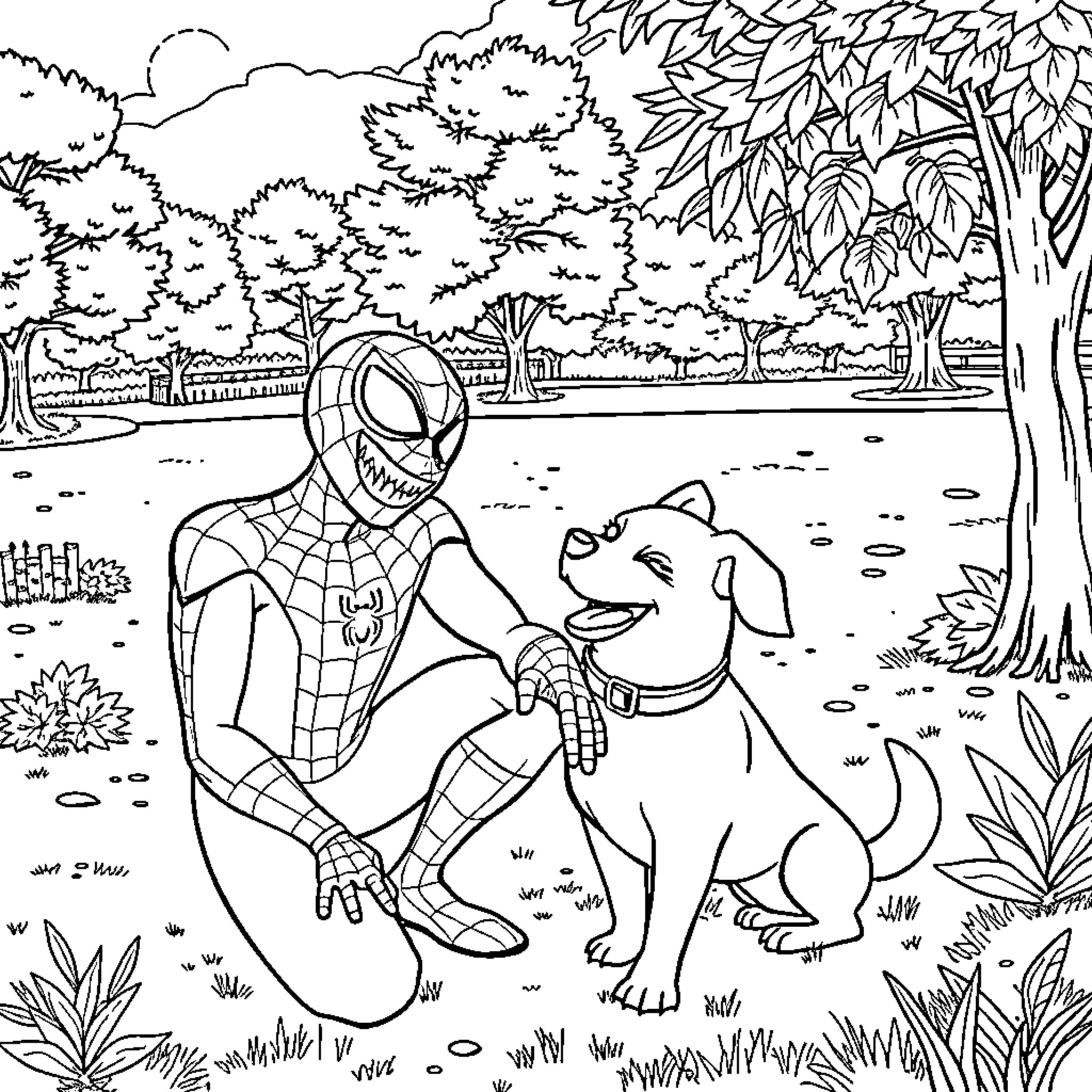 Spider-Man hanging out with a friendly dog in the park Coloring Page (free black-and-white line drawing printable PDF for all, from beginners to advanced learners, including children, teens, adults, and seniors)