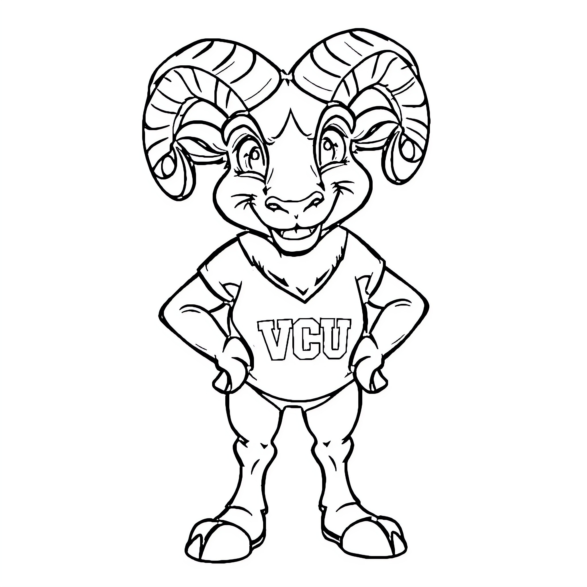 Ram in VCU Sports Uniform Smiling Coloring Page (free black-and-white line drawing printable PDF for all, from beginners to advanced learners, including children, teens, adults, and seniors)