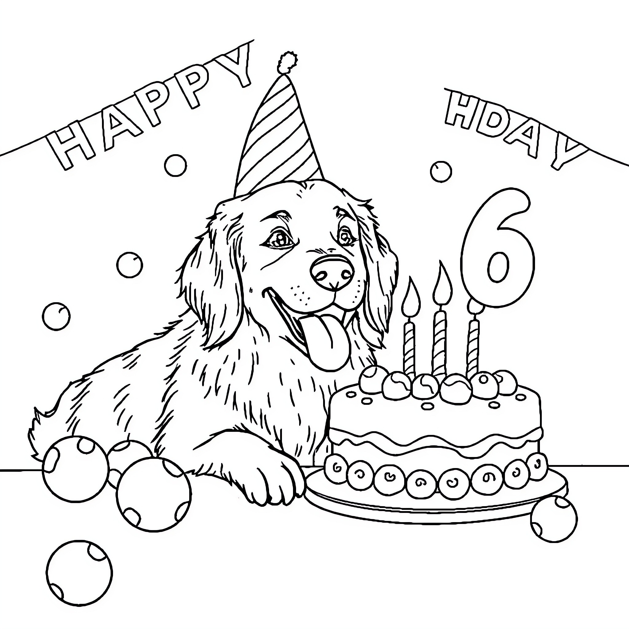 Golden Retriever celebrating 6th birthday with cake Coloring Page (free black-and-white line drawing printable PDF for all, from beginners to advanced learners, including children, teens, adults, and seniors)