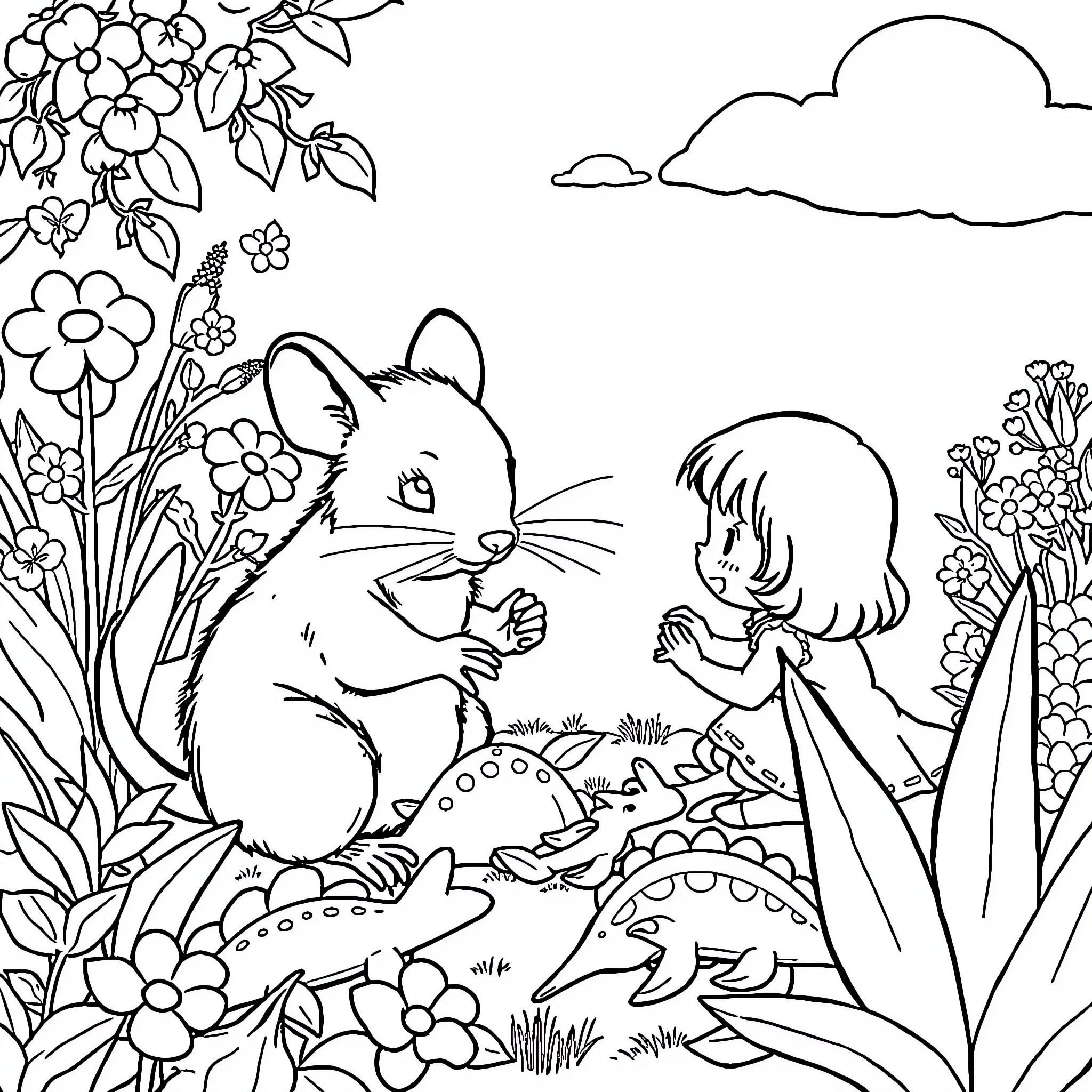 Raccoon and a girl in a floral garden Coloring Page (free black-and-white line drawing printable PDF for all, from beginners to advanced learners, including children, teens, adults, and seniors)