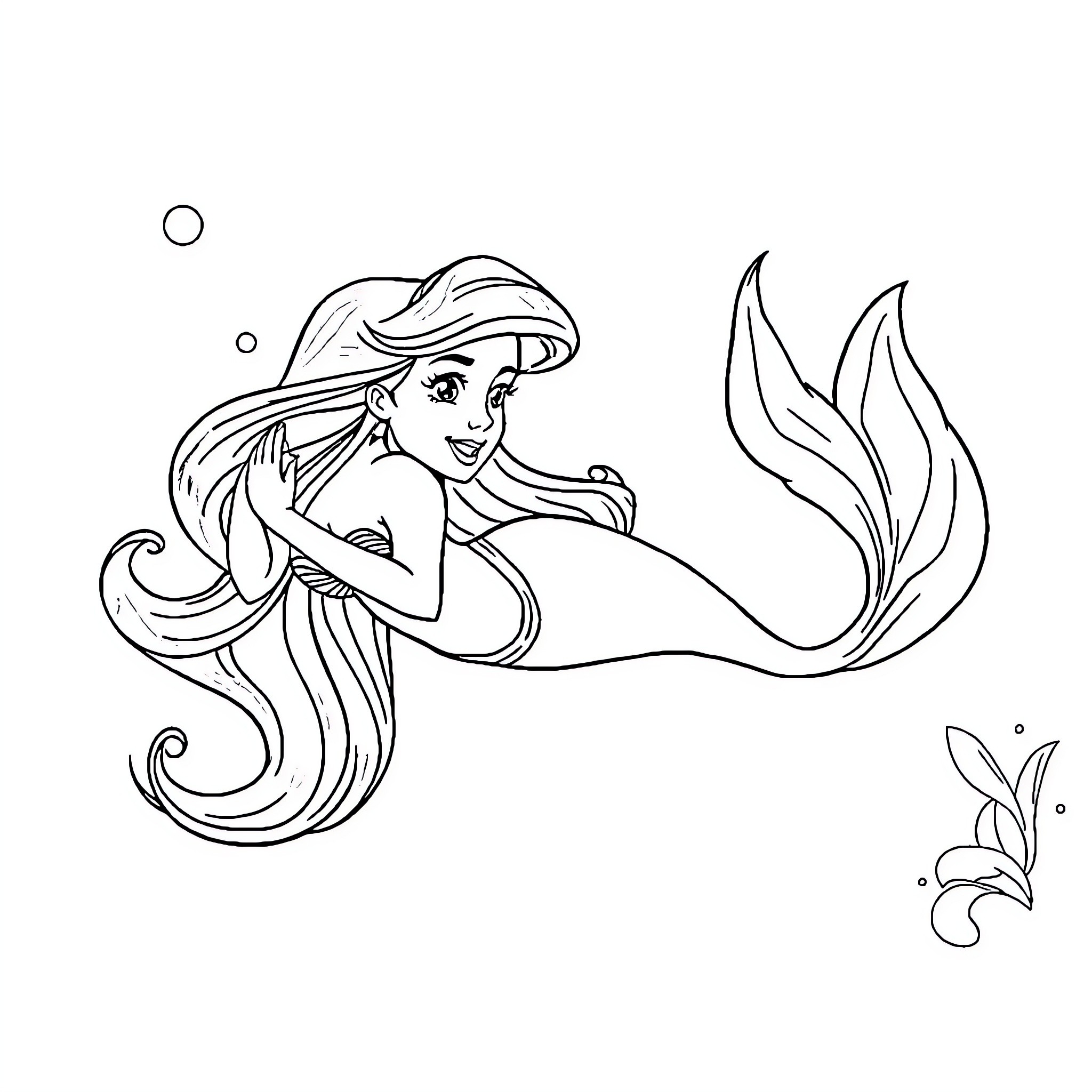 Ariel the Mermaid Exploring the Ocean Coloring Page (free black-and-white line drawing printable PDF for all, from beginners to advanced learners, including children, teens, adults, and seniors)