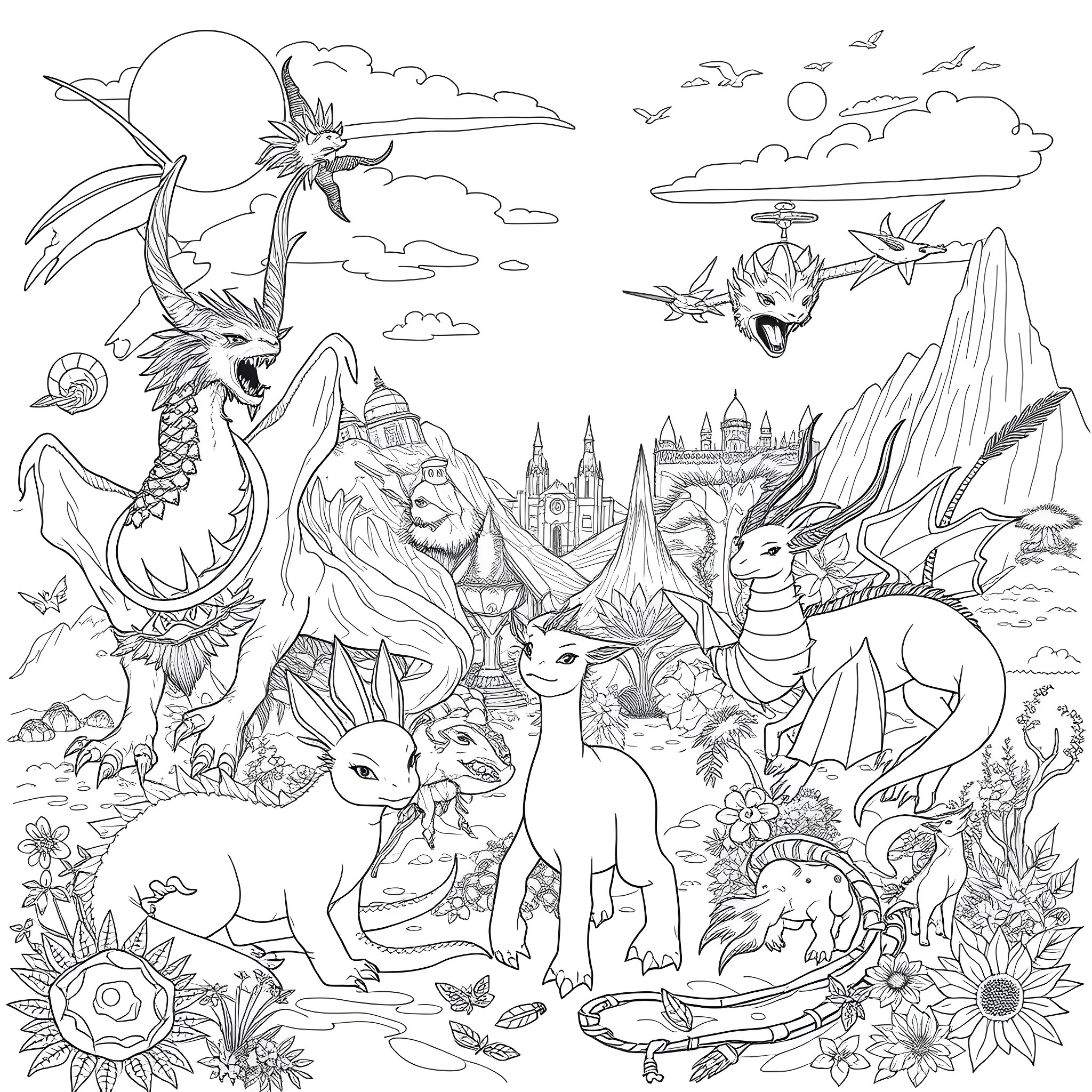 Pokémon adventure in a fantastical landscape Coloring Page (free black-and-white line drawing printable PDF for all, from beginners to advanced learners, including children, teens, adults, and seniors)