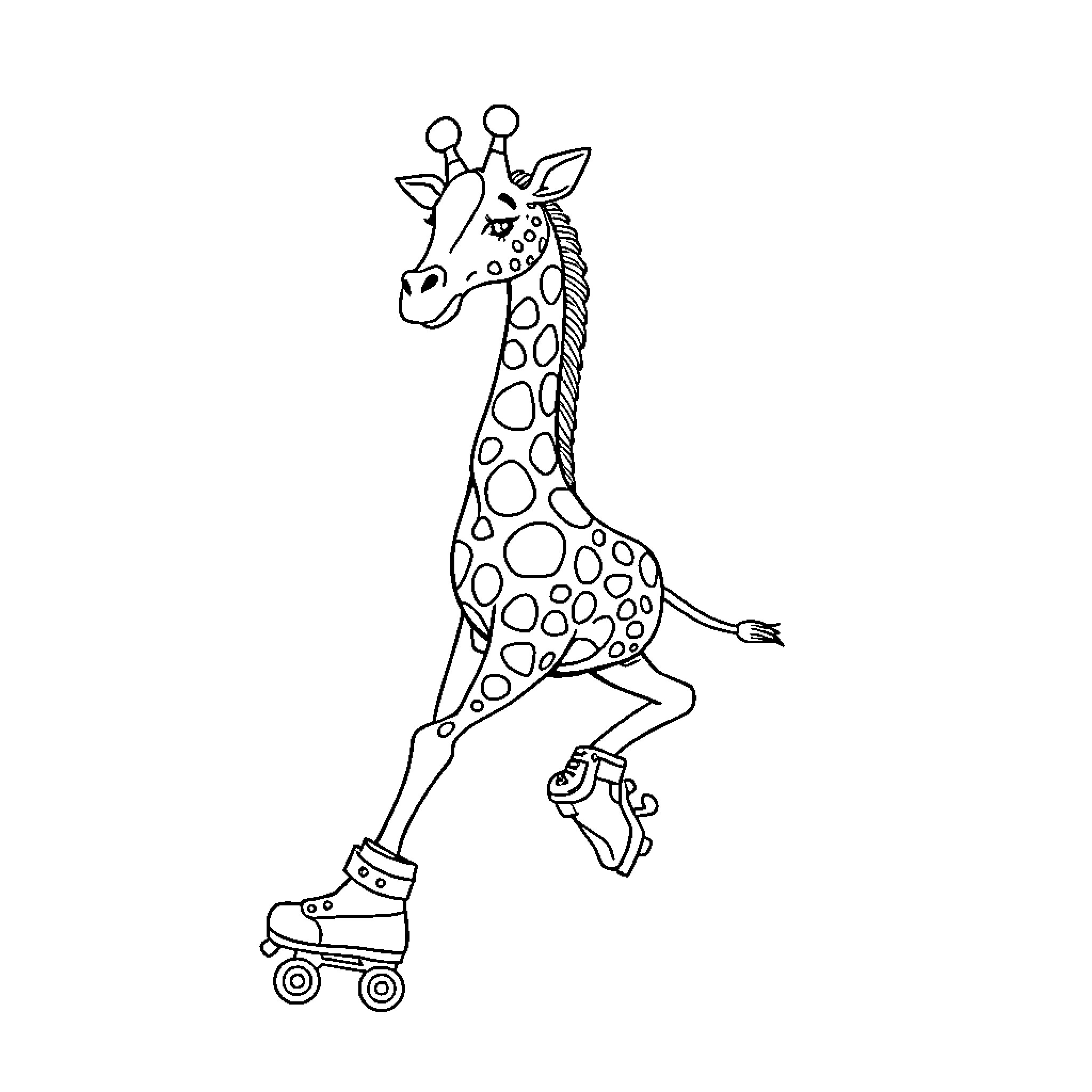Giraffe roller skating in playful manner Coloring Page (free black-and-white line drawing printable PDF for all, from beginners to advanced learners, including children, teens, adults, and seniors)