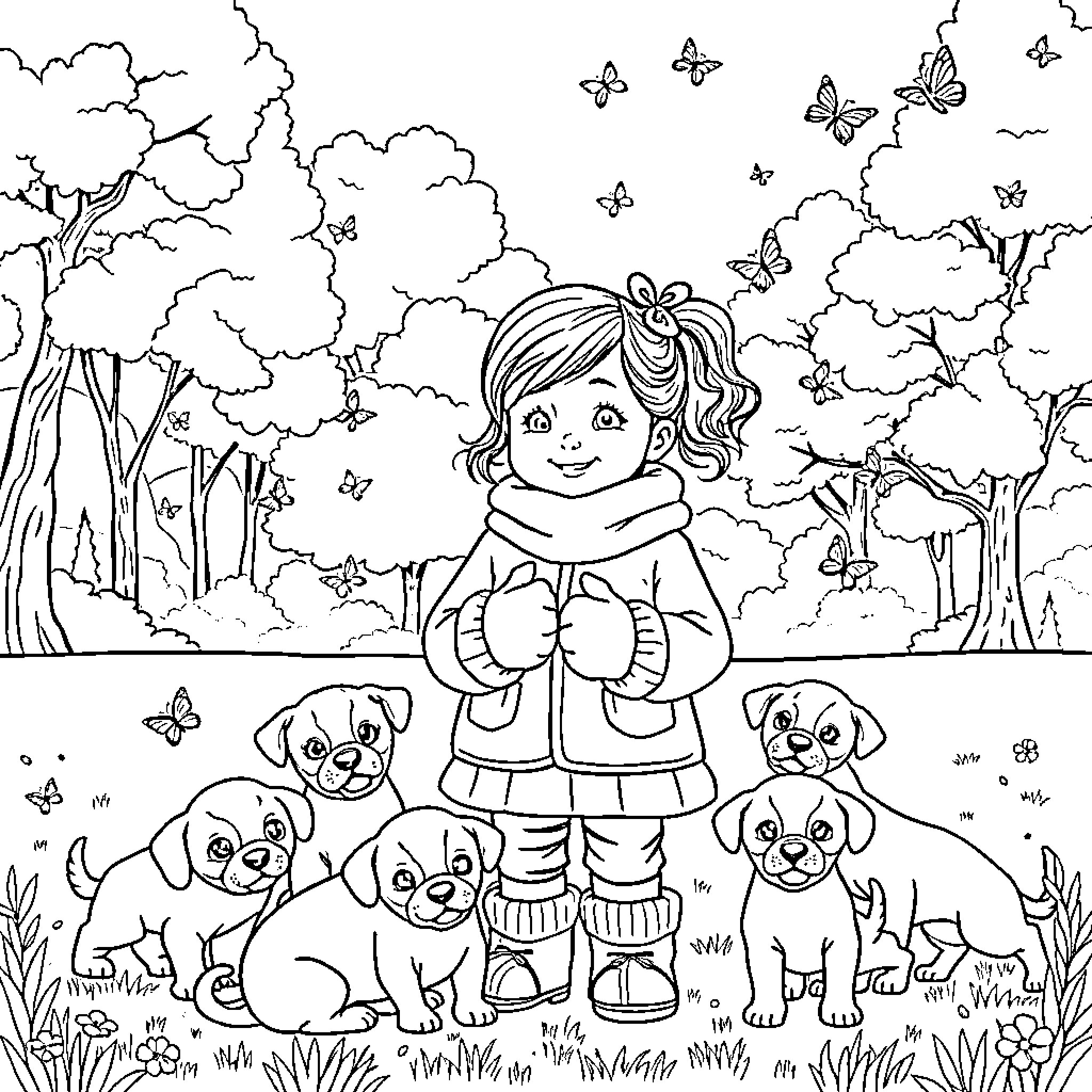 Girl playing with puppies in the forest Coloring Page (free black-and-white line drawing printable PDF for all, from beginners to advanced learners, including children, teens, adults, and seniors)